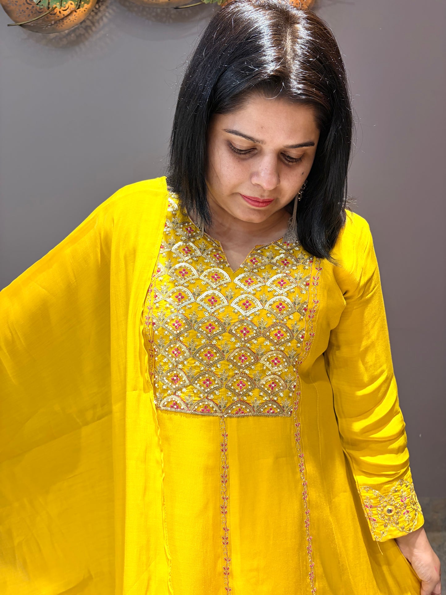 Liril Yellow Pure Mul Chanderi Anarkali Designer Suit
