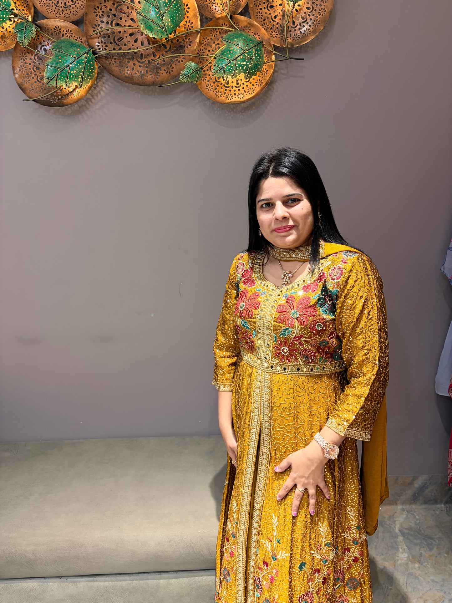 Yellow Gold Heavy Front Open Indowestern with Plazo – Festive Wear