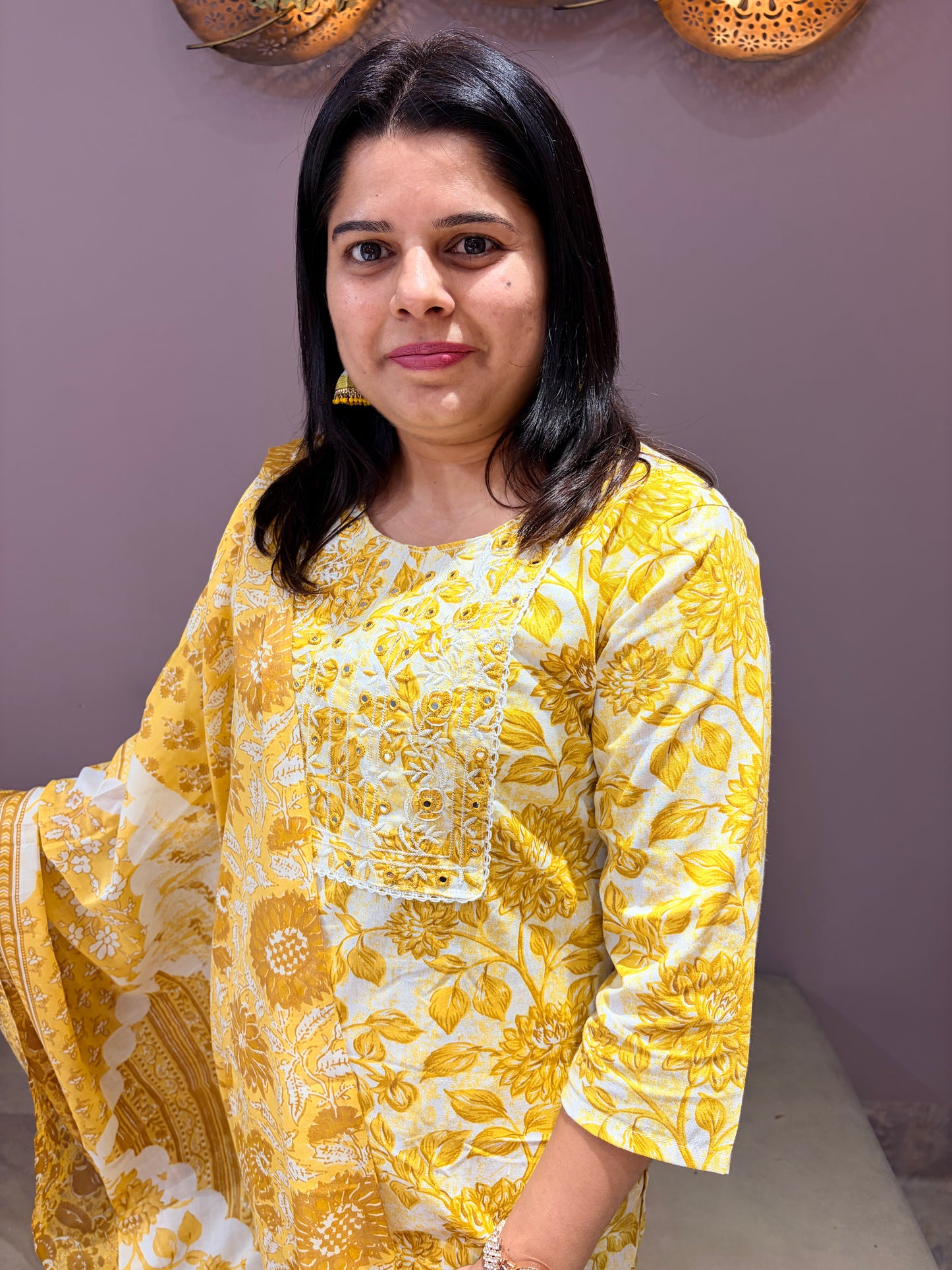 Yellow Cotton Print 3-Piece Suit