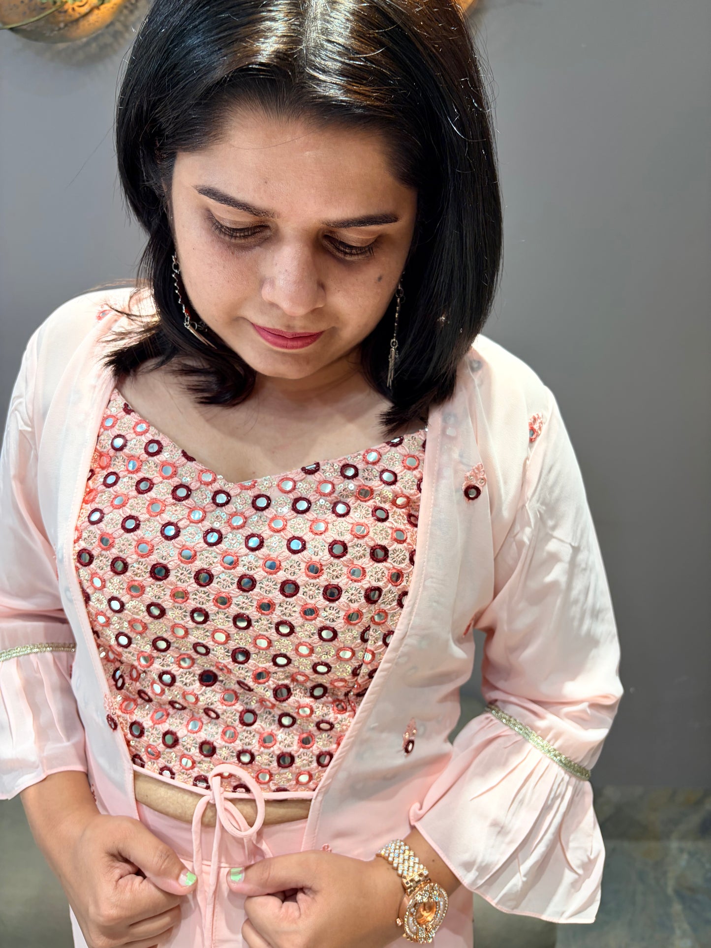 Peach Indo western Choli Plazo Jacket Style