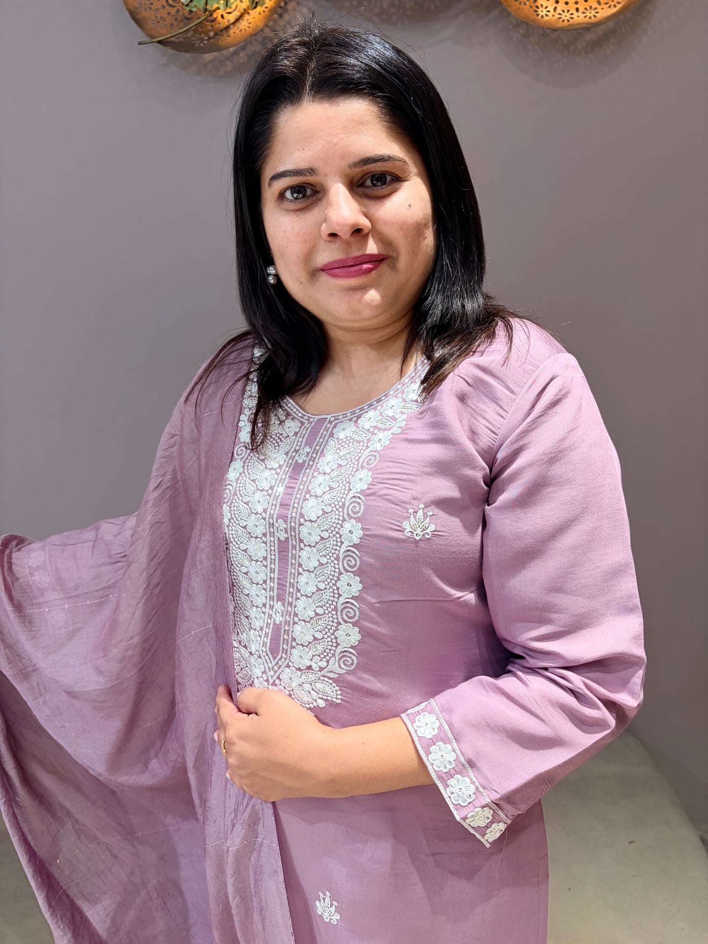 Onion Pink Cotton Silk Lucknowi Work 3-Piece Suit