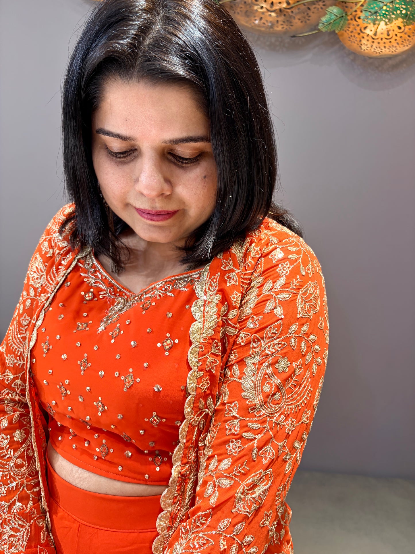 Rust Orange Designer Indo Western Choli plazo