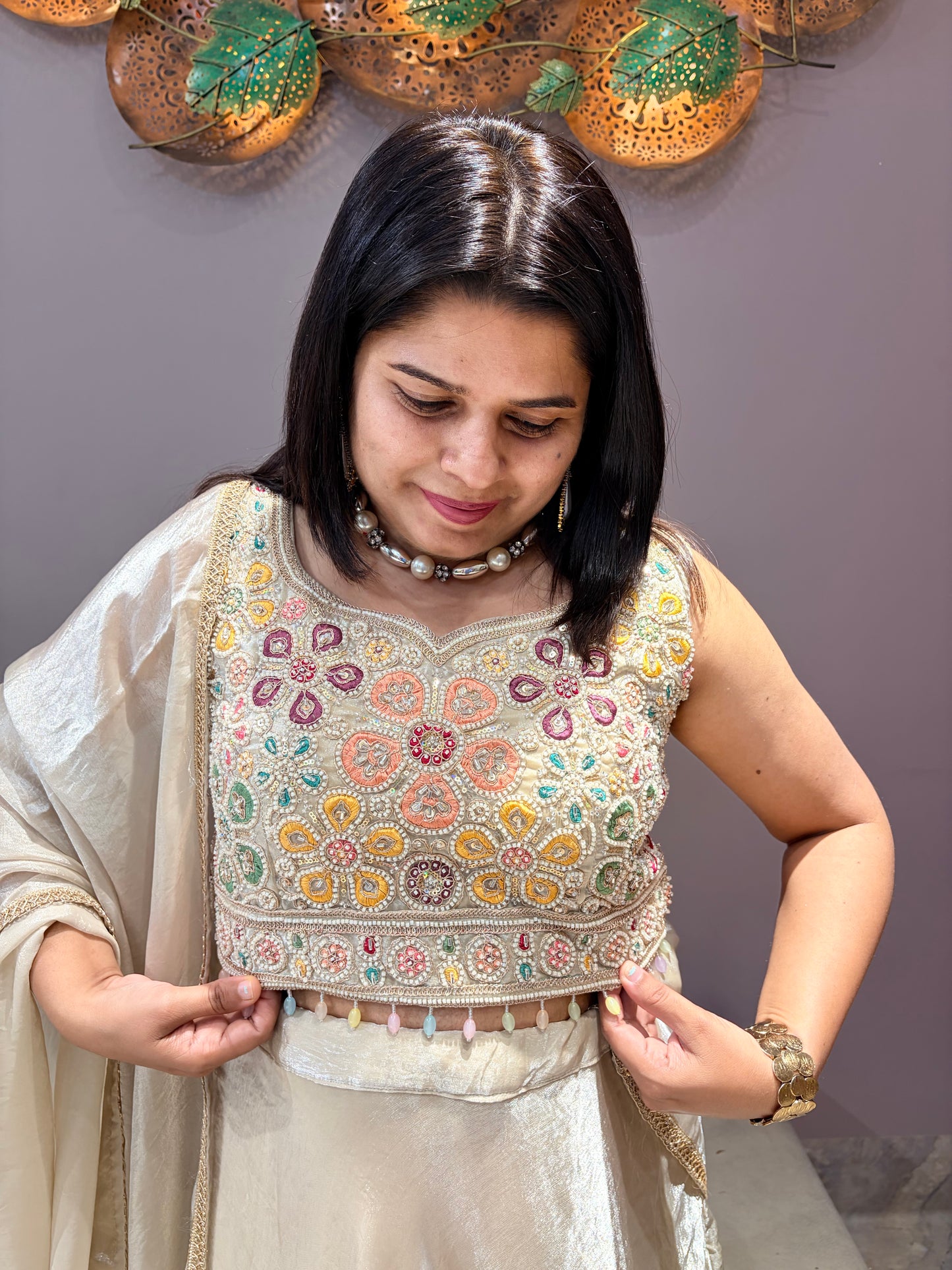 Cream Tissue Silk Choli with Beads Handwork – Festive & Party Wear