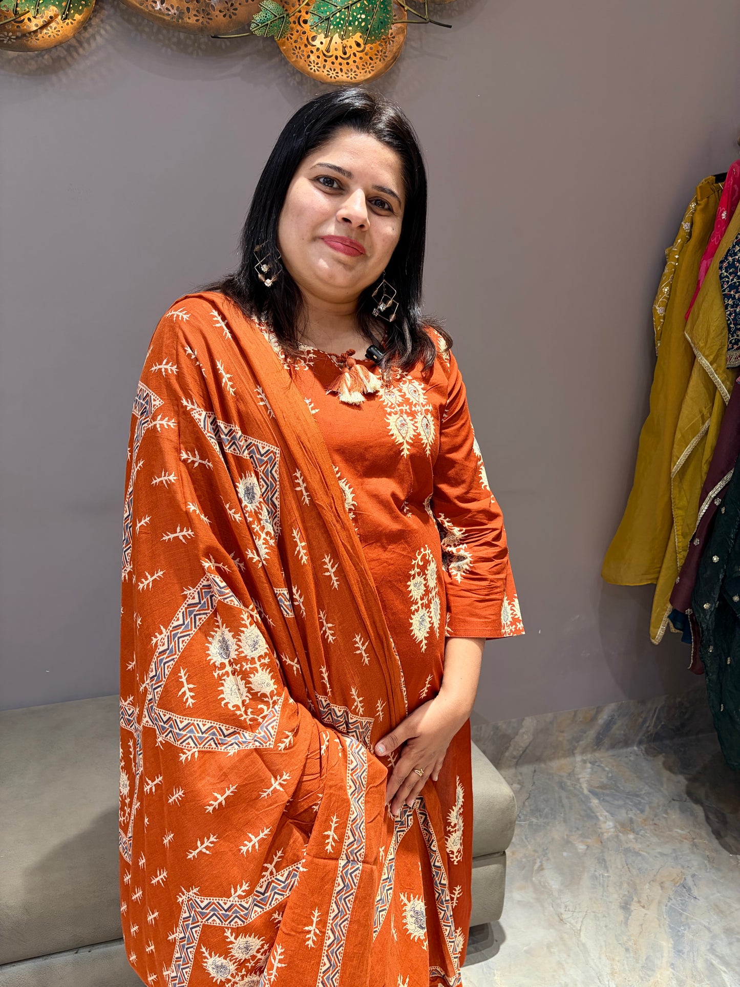Rust Color Pure Jaipuri Fancy Cotton Suit with Mirror Work