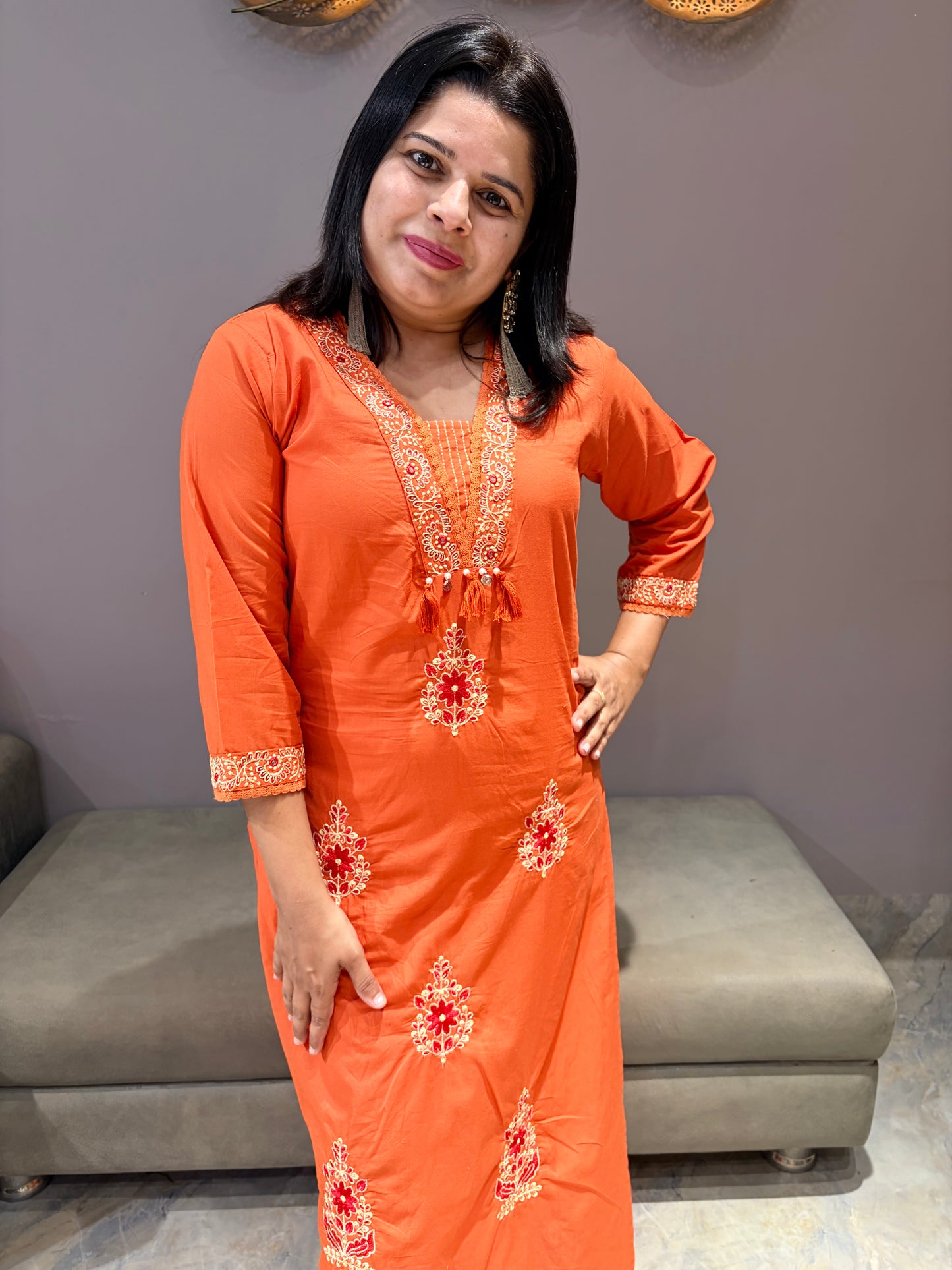 Rust Orange Cotton A-Line 3-Piece Suit with Red Contrast Work