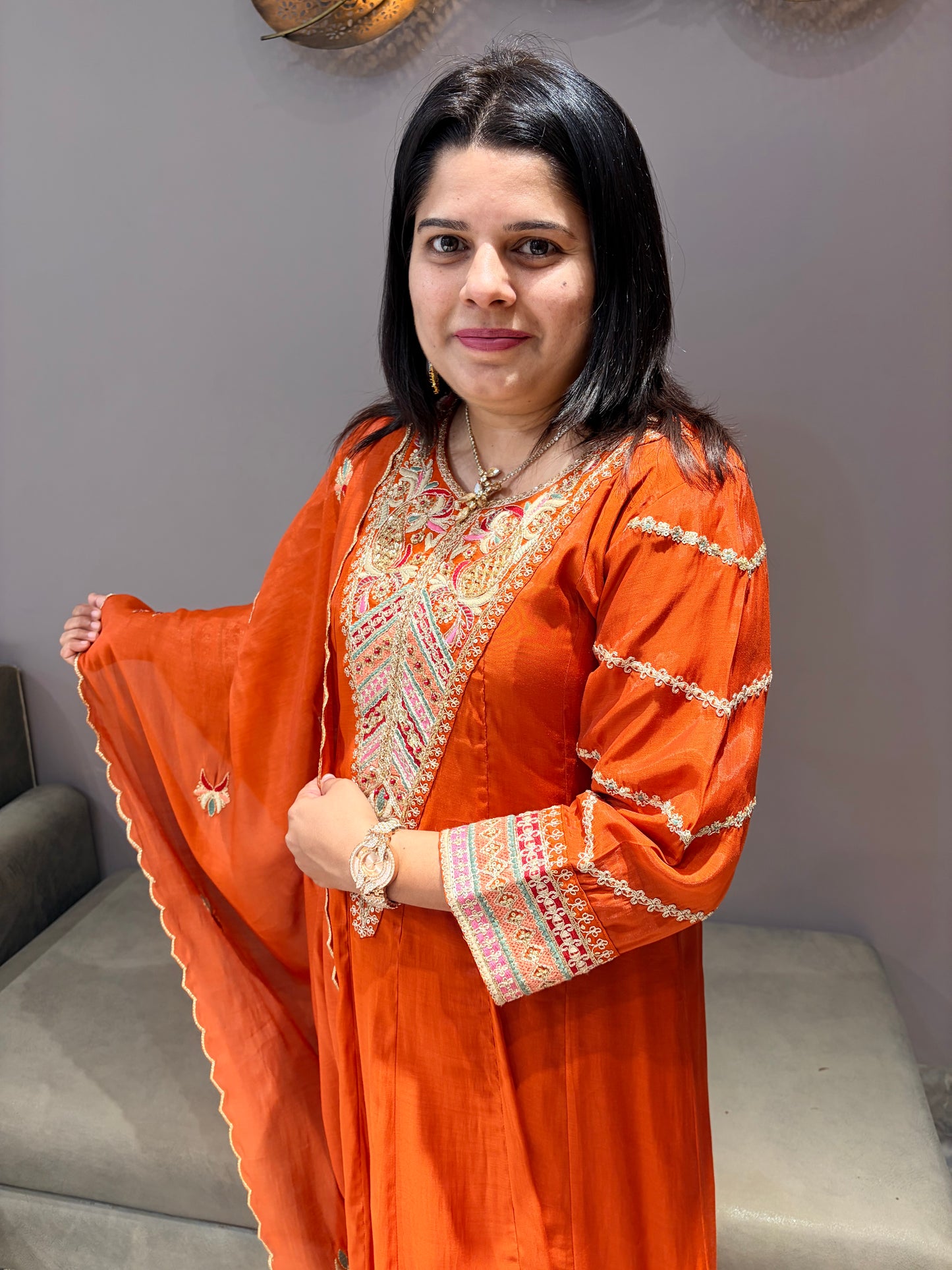 Rust Orange Pure Mull Cotton 3-Piece Designer Suit