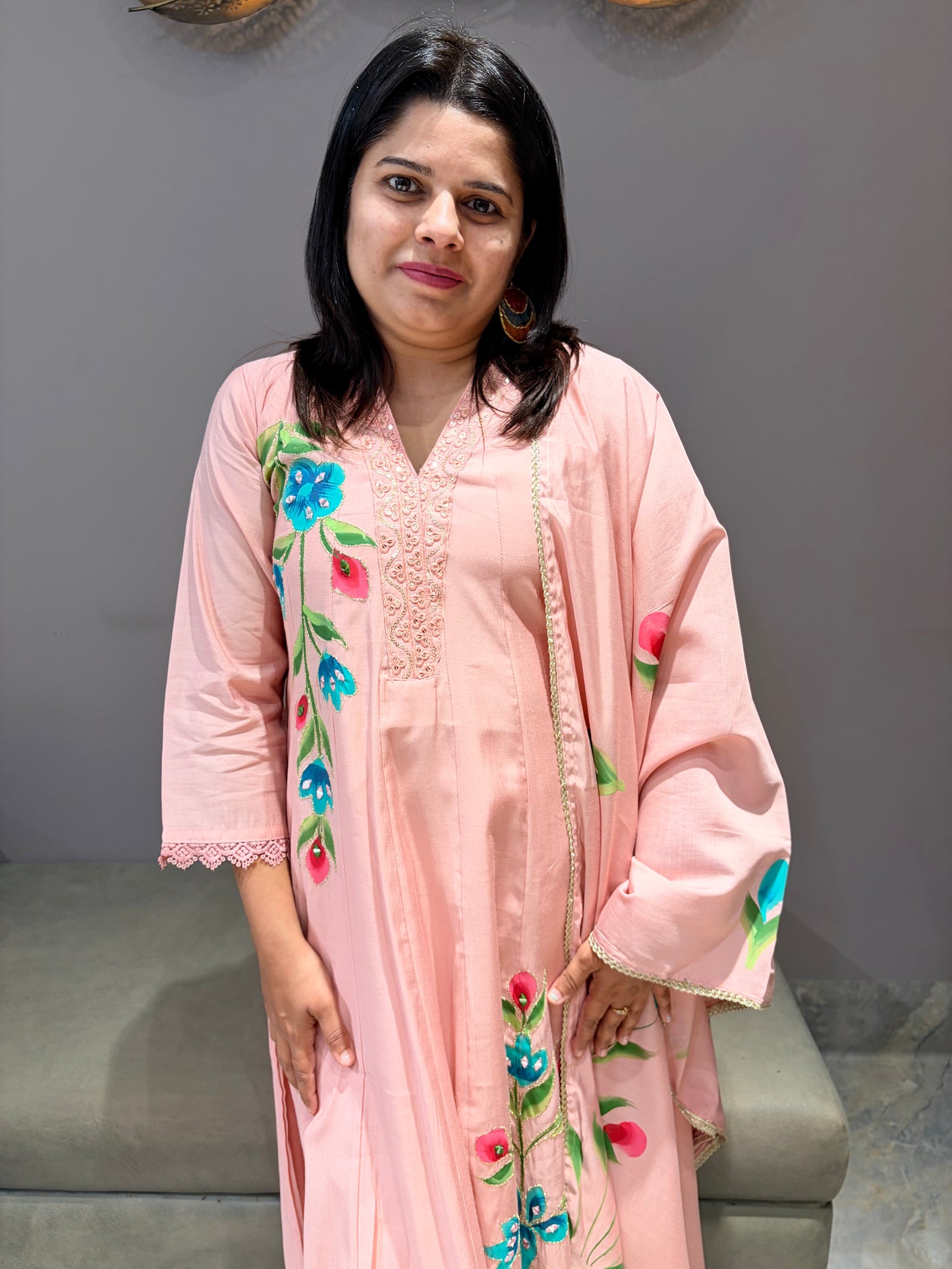 Peach Pink Brush Painted Designer Anarkali Suit with Dupatta