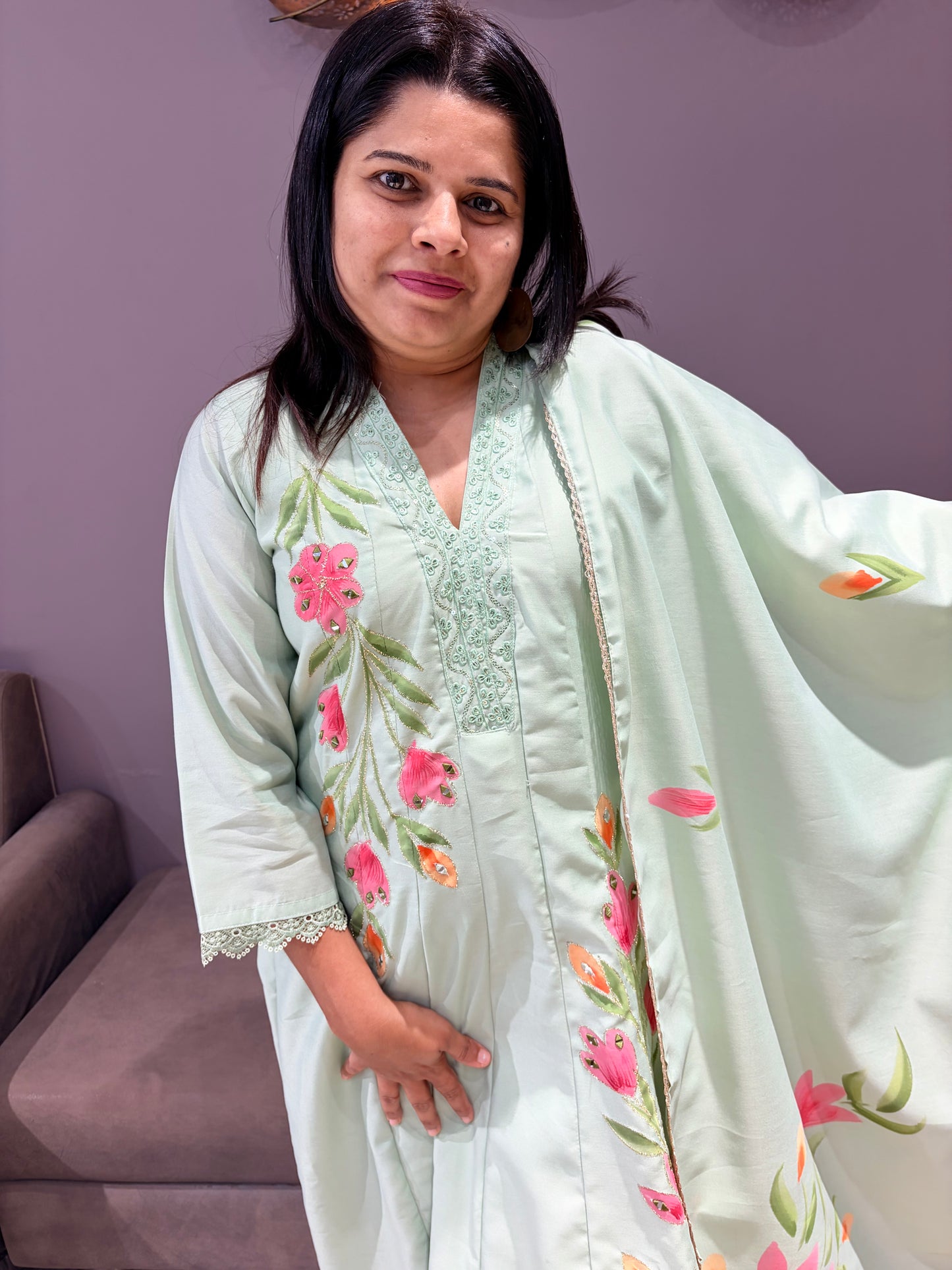 Pista Green Brush Paint Designer Anarkali Suit