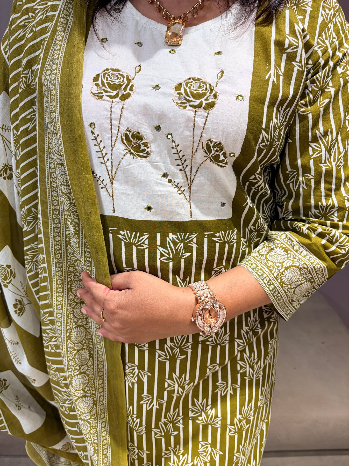 Green & White Pure Jaipuri Cotton Suit with Neck Handwork