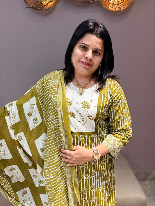 Green & White Pure Jaipuri Cotton Suit with Neck Handwork