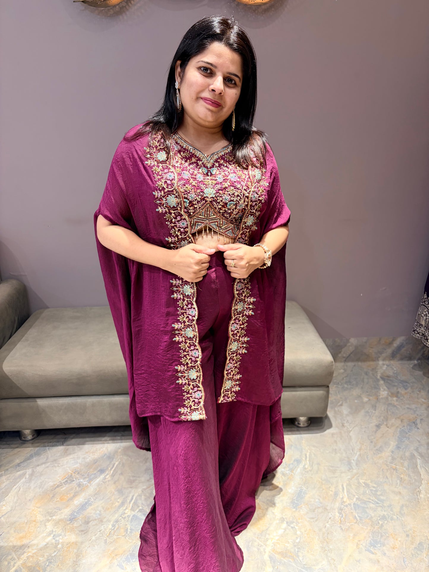 Wine Color Elegant Indo Western With Plazo and Shrug