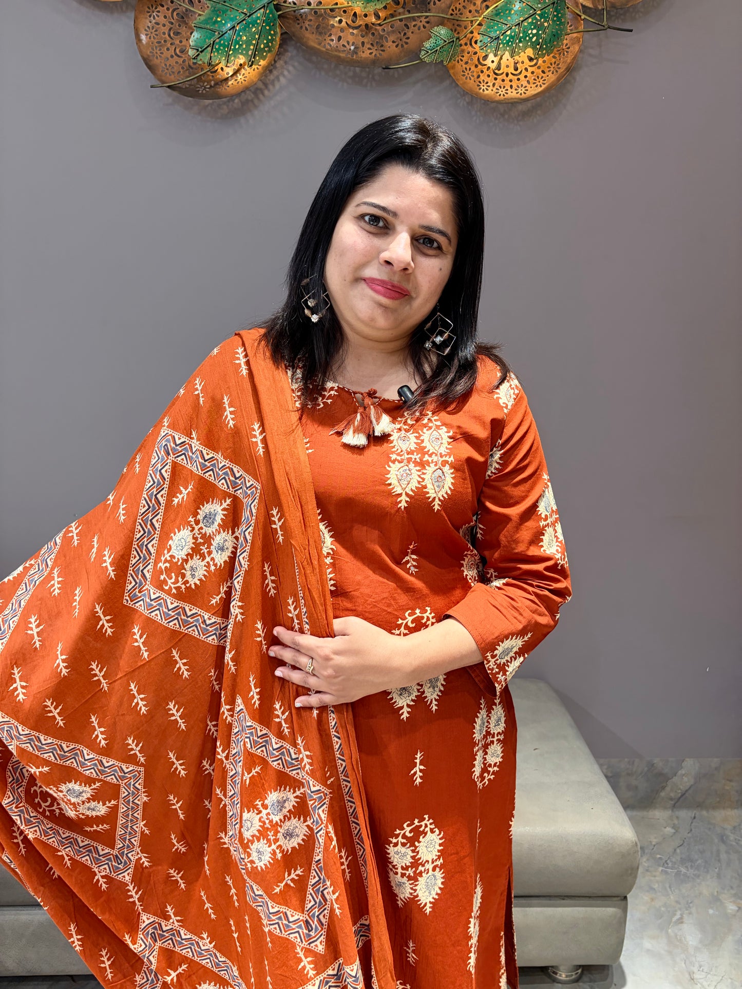 Rust Color Pure Jaipuri Fancy Cotton Suit with Mirror Work