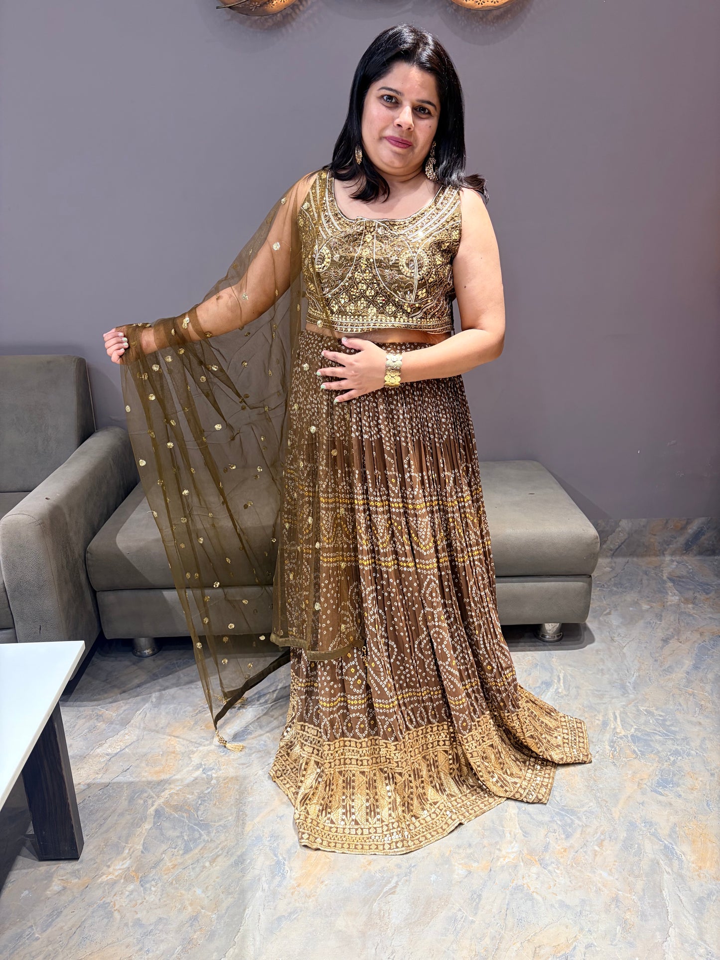 Coffee Bandhni With Sequence Work Heavy Designer Choli With Mirror Work