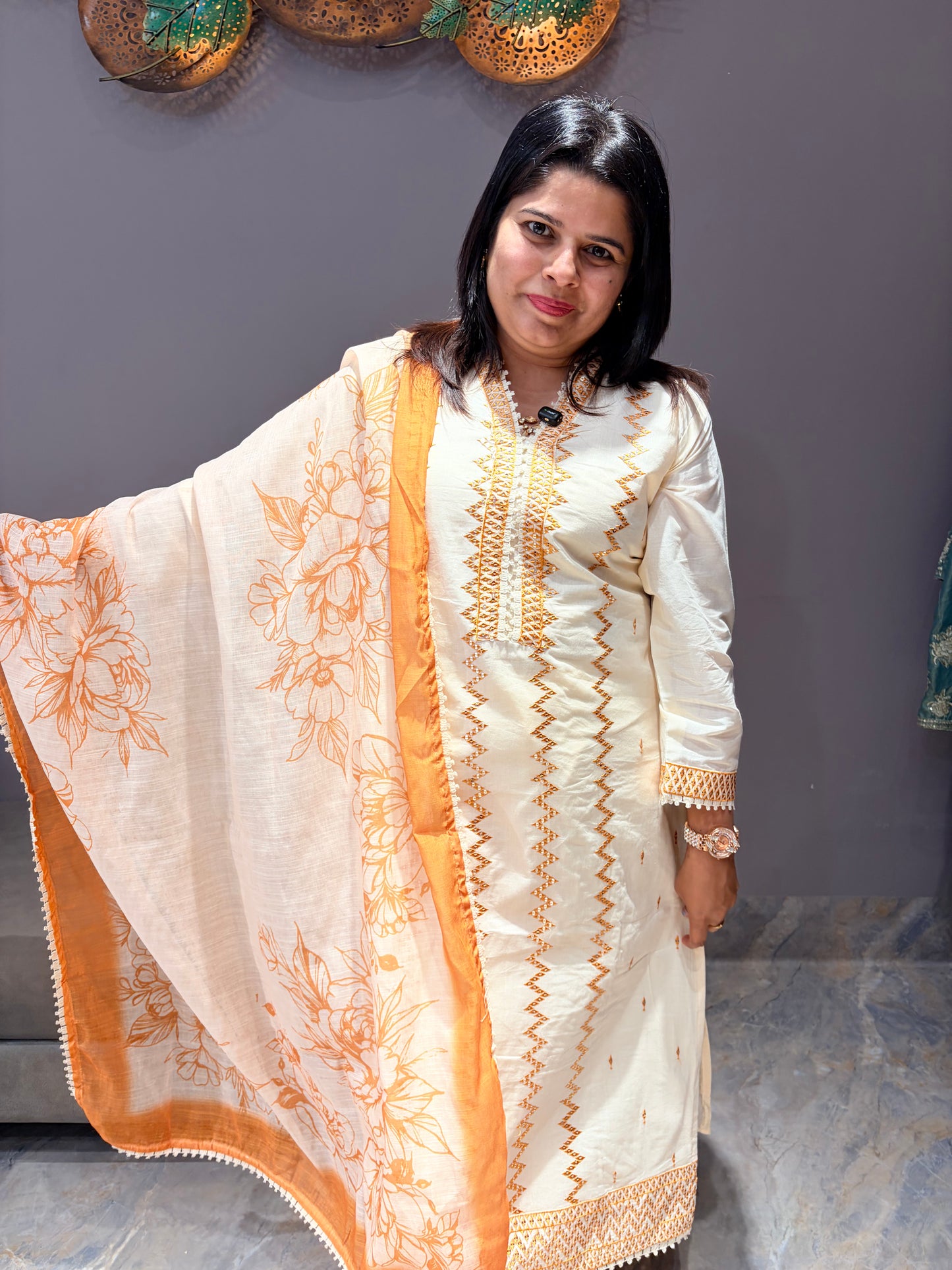Pure Khadi Cotton 3-Piece Designer Suit with Mul Dupatta & V-Neck