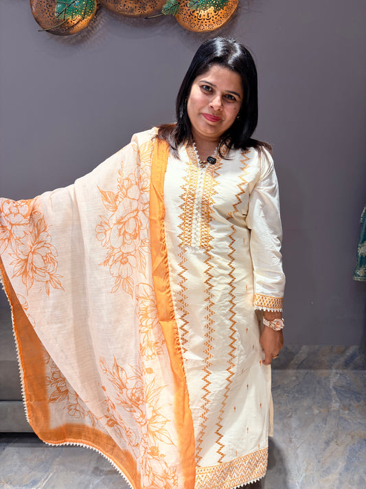 Pure Khadi Cotton 3-Piece Designer Suit with Mul Dupatta & V-Neck