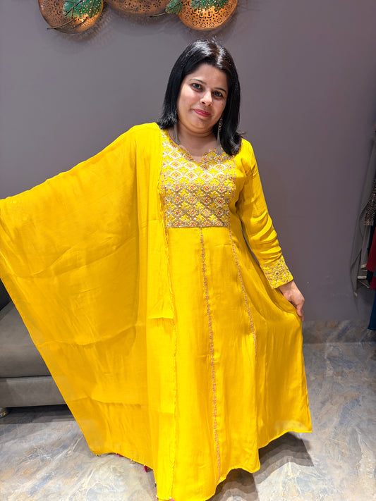 Liril Yellow Pure Mul Chanderi Anarkali Designer Suit