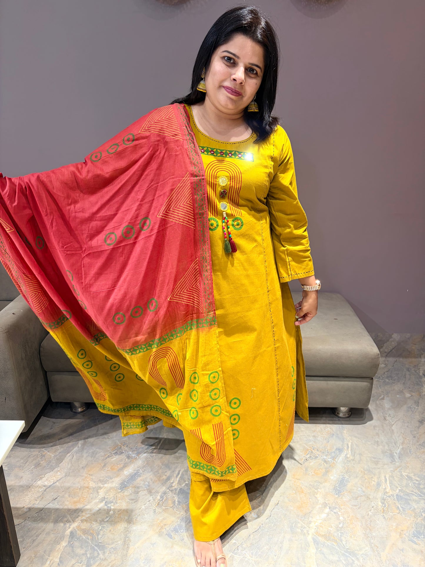 Pure Jaipuri Cotton Aline Designer Yellow and Red Suit