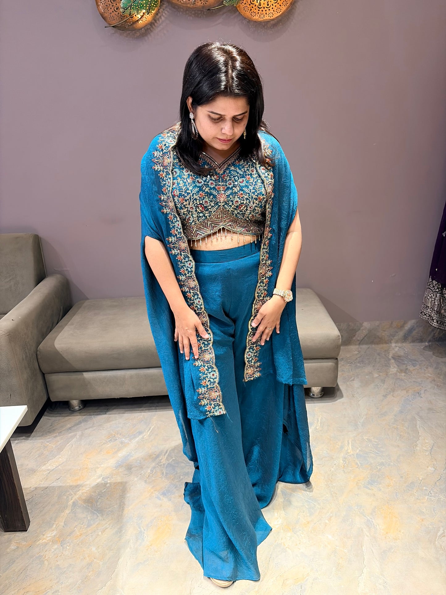 Royal Blue Elegant Indo Western Plazo Style With Shrug