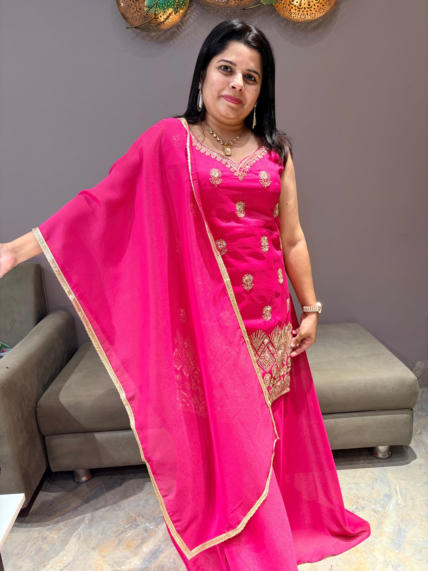 Rani Pink Beads Work Party Wear Plazo set