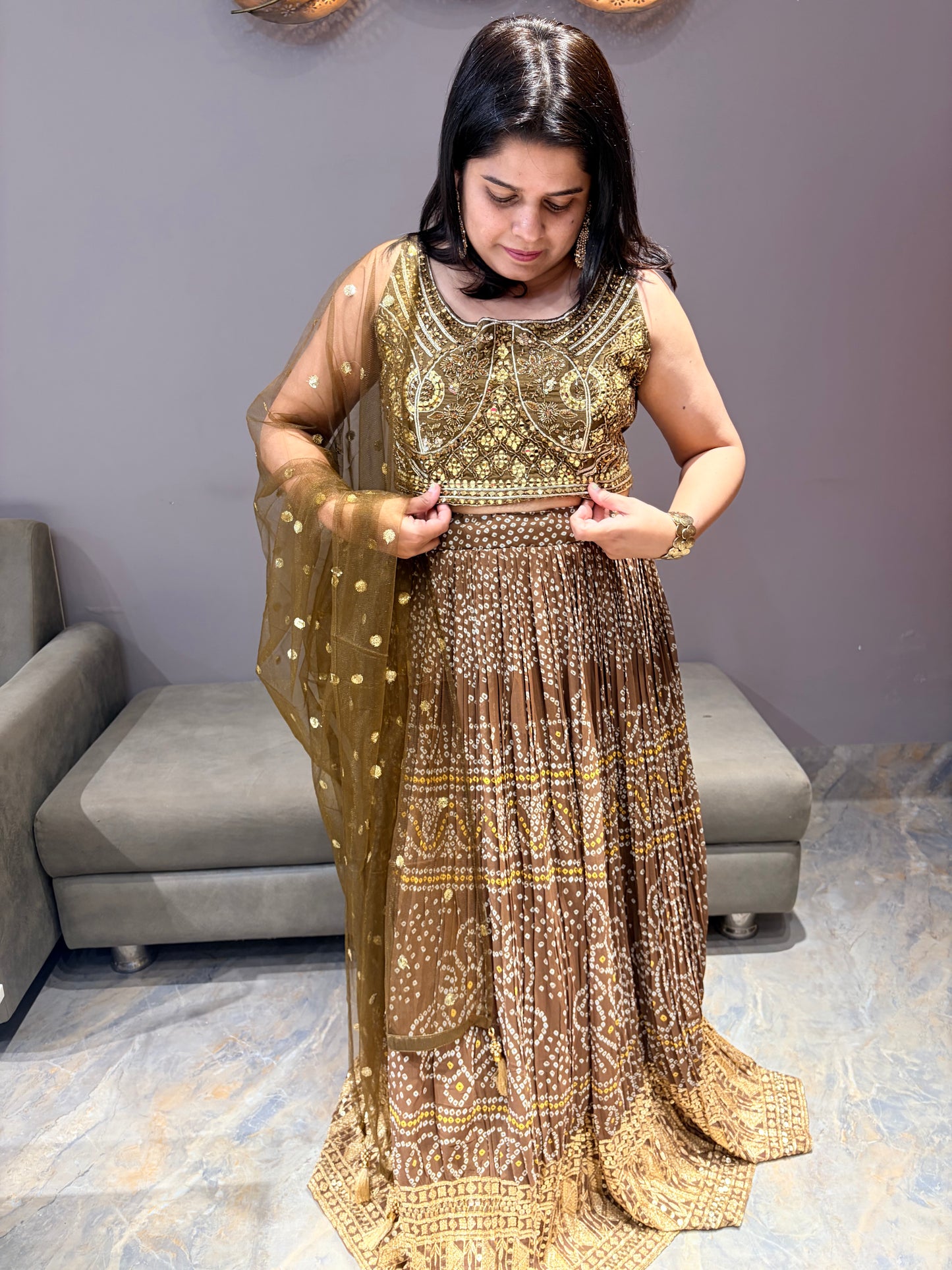 Coffee Bandhni With Sequence Work Heavy Designer Choli With Mirror Work