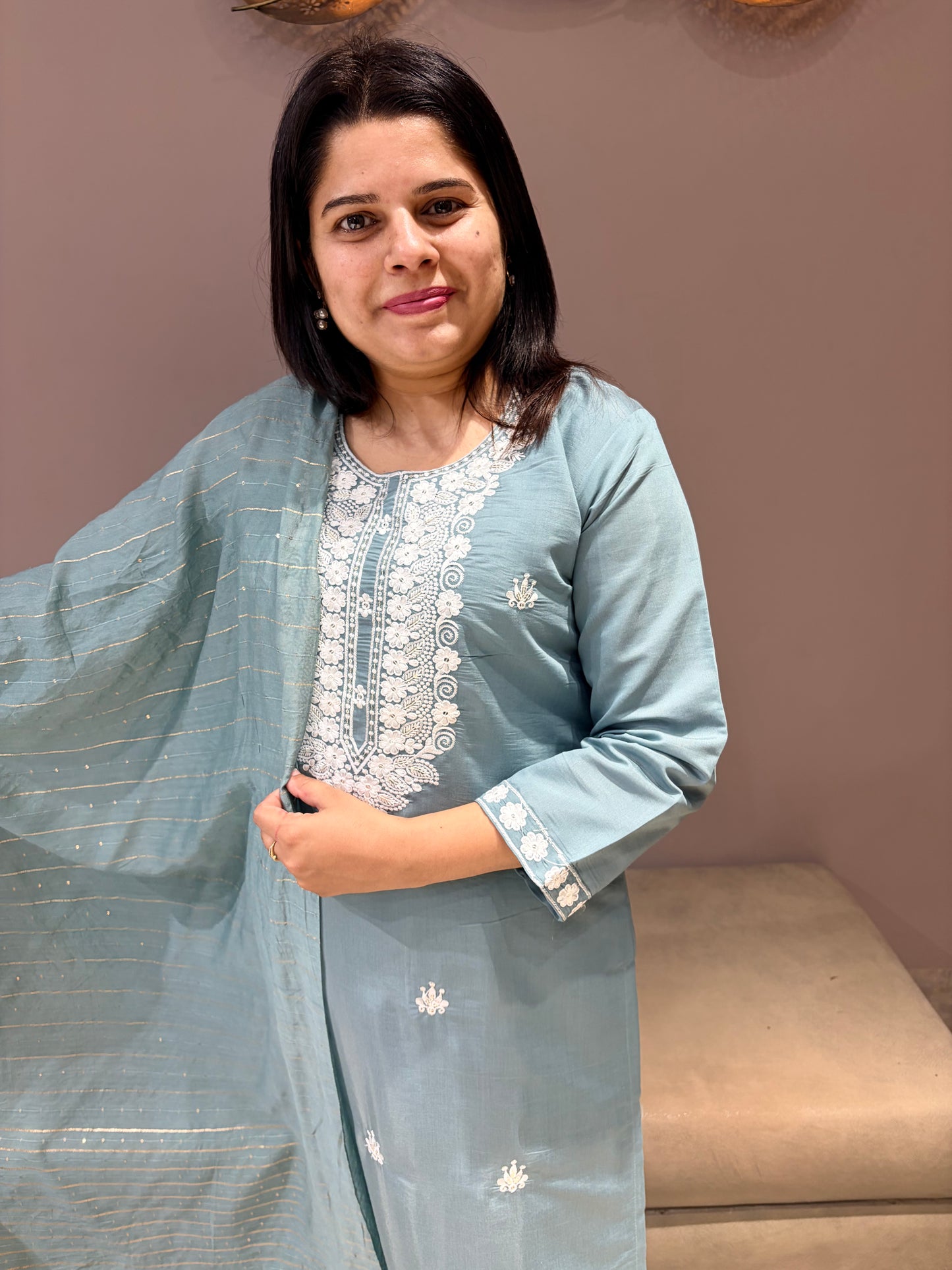 Pastel Sky Blue Cotton Silk 3-Piece Suit