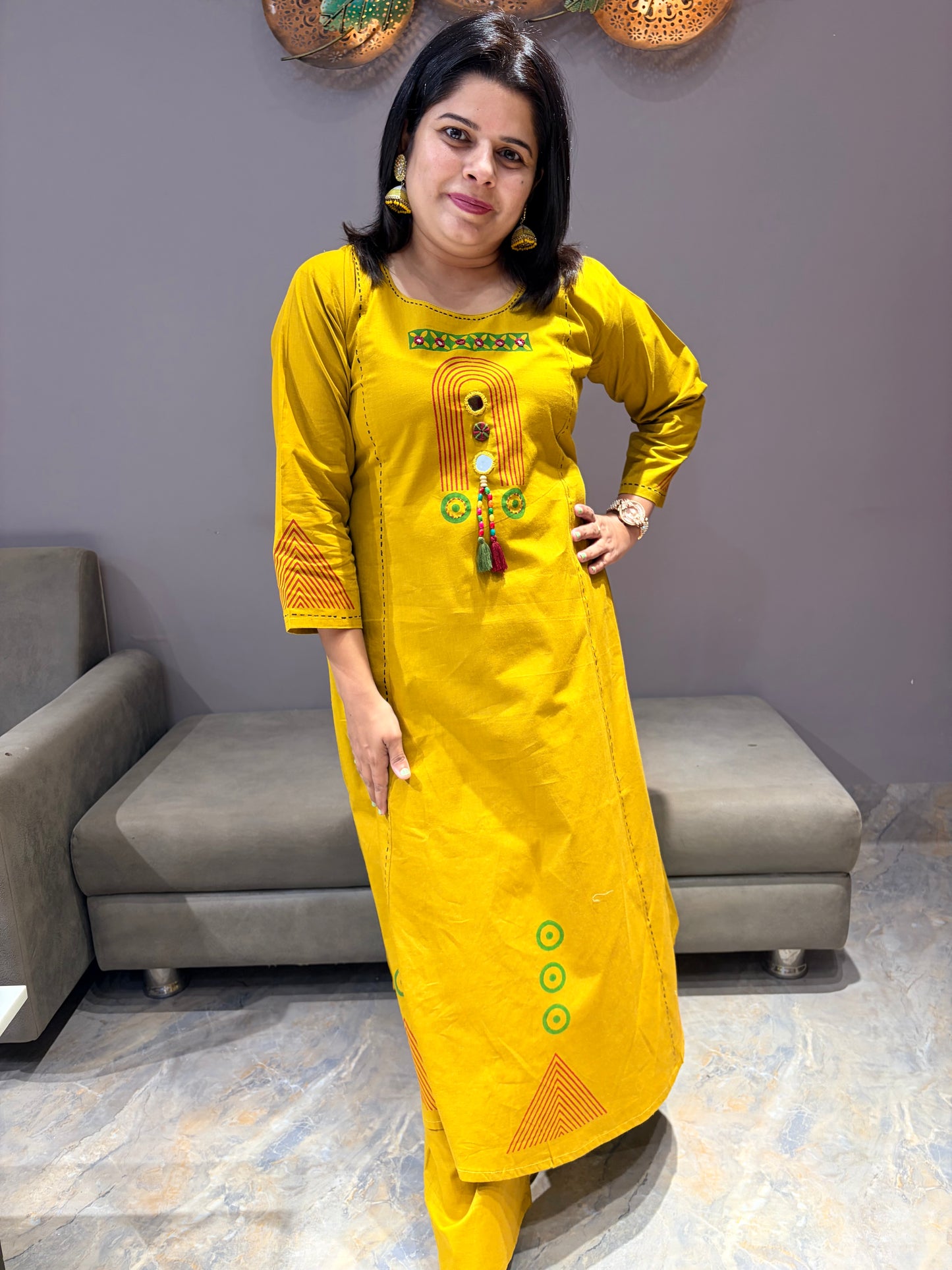 Pure Jaipuri Cotton Aline Designer Yellow and Red Suit