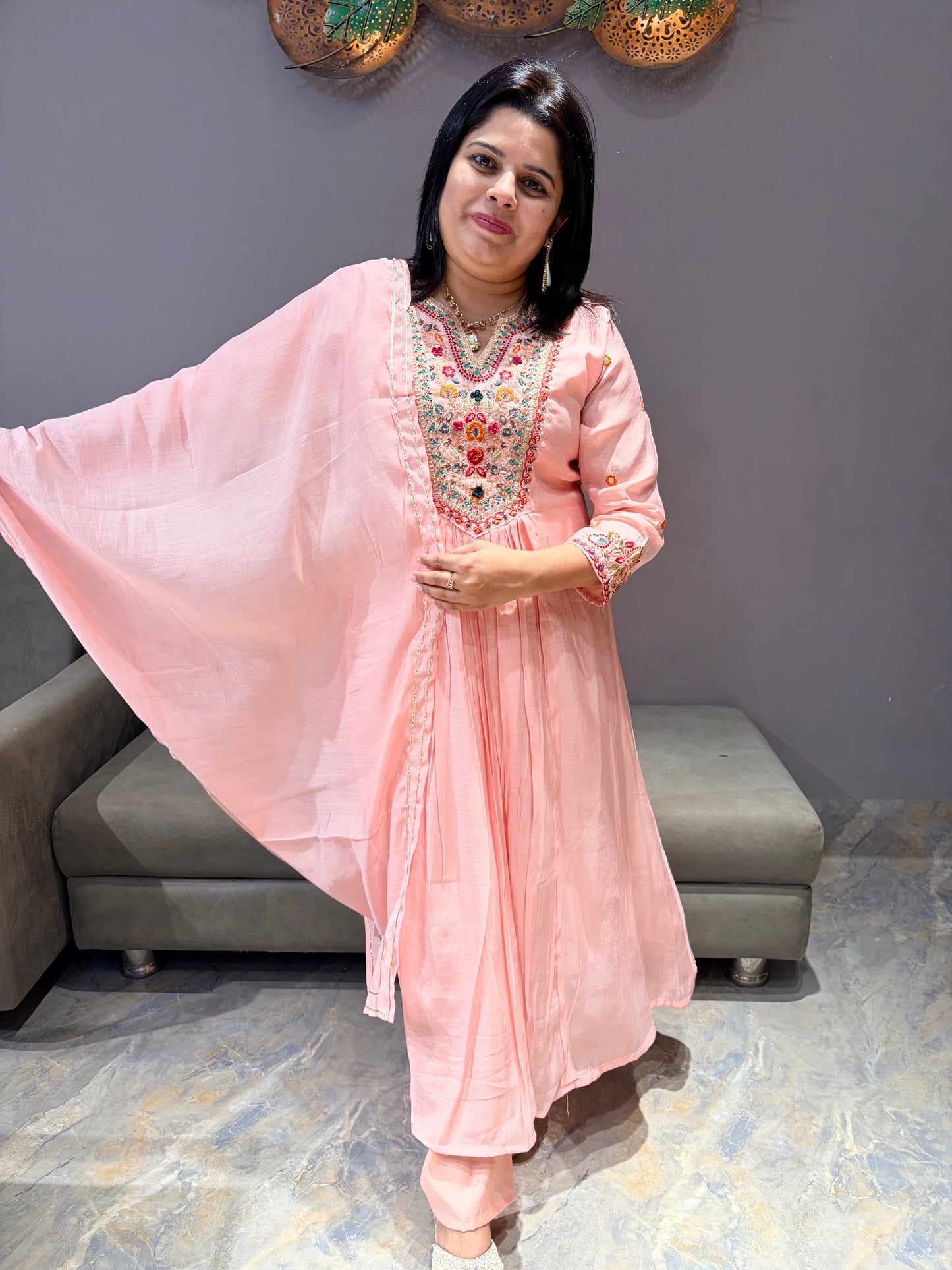 Pure Mul Aline Designer Peach color Suit