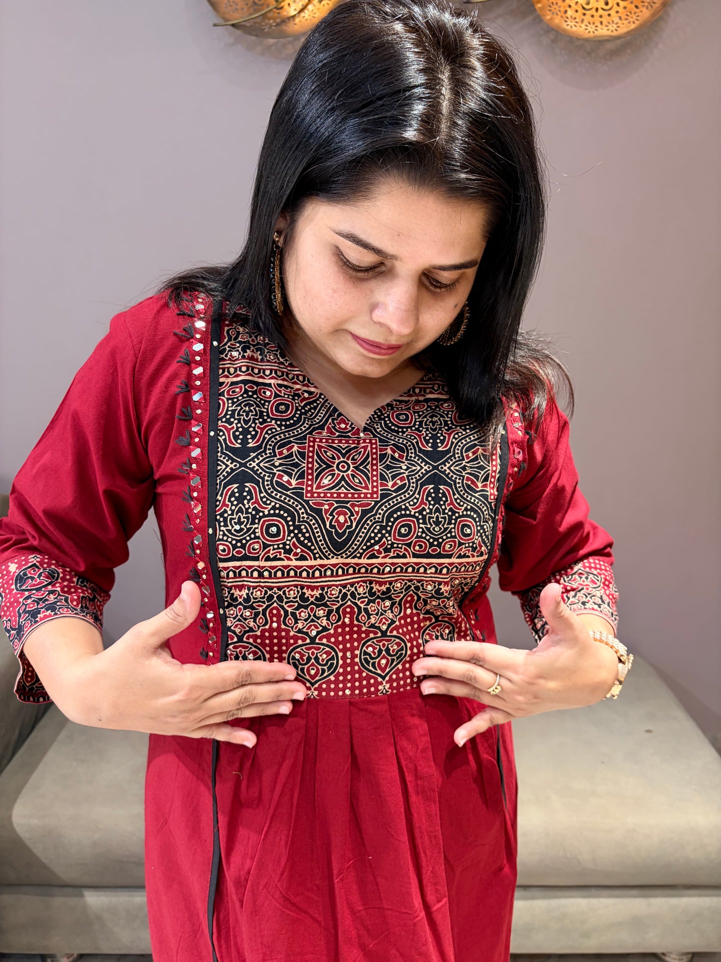 Marron Pure Jaipuri Cotton Aline Suit