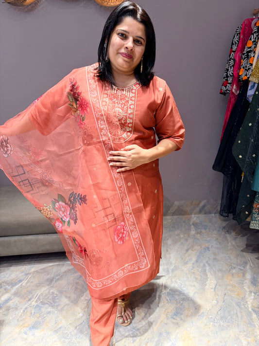 Roman Silk 3 pc Suit With Organza Dupata