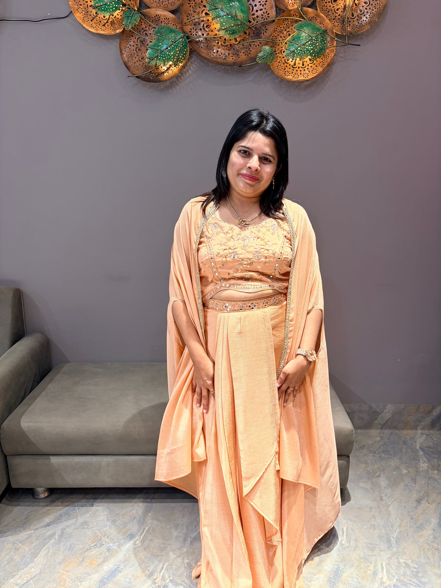 Peach Chiffon Tulip Skirt Indowestern with Shrug & Handwork Choli