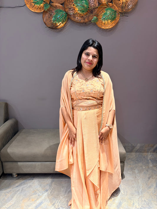 Peach Chiffon Tulip Skirt Indowestern with Shrug & Handwork Choli