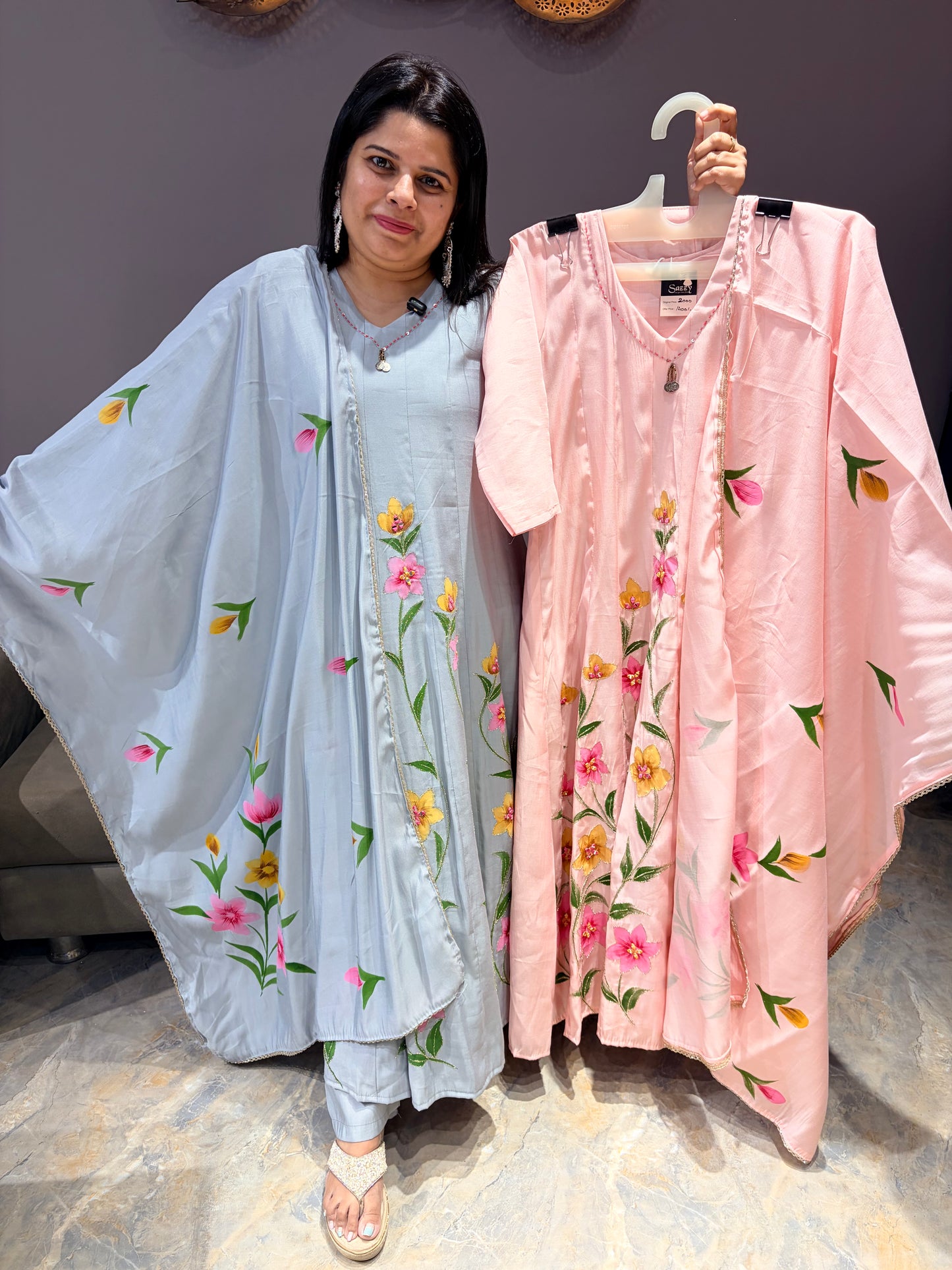 Ash Grey Color Designer Brush Paint Anarkali Suit
