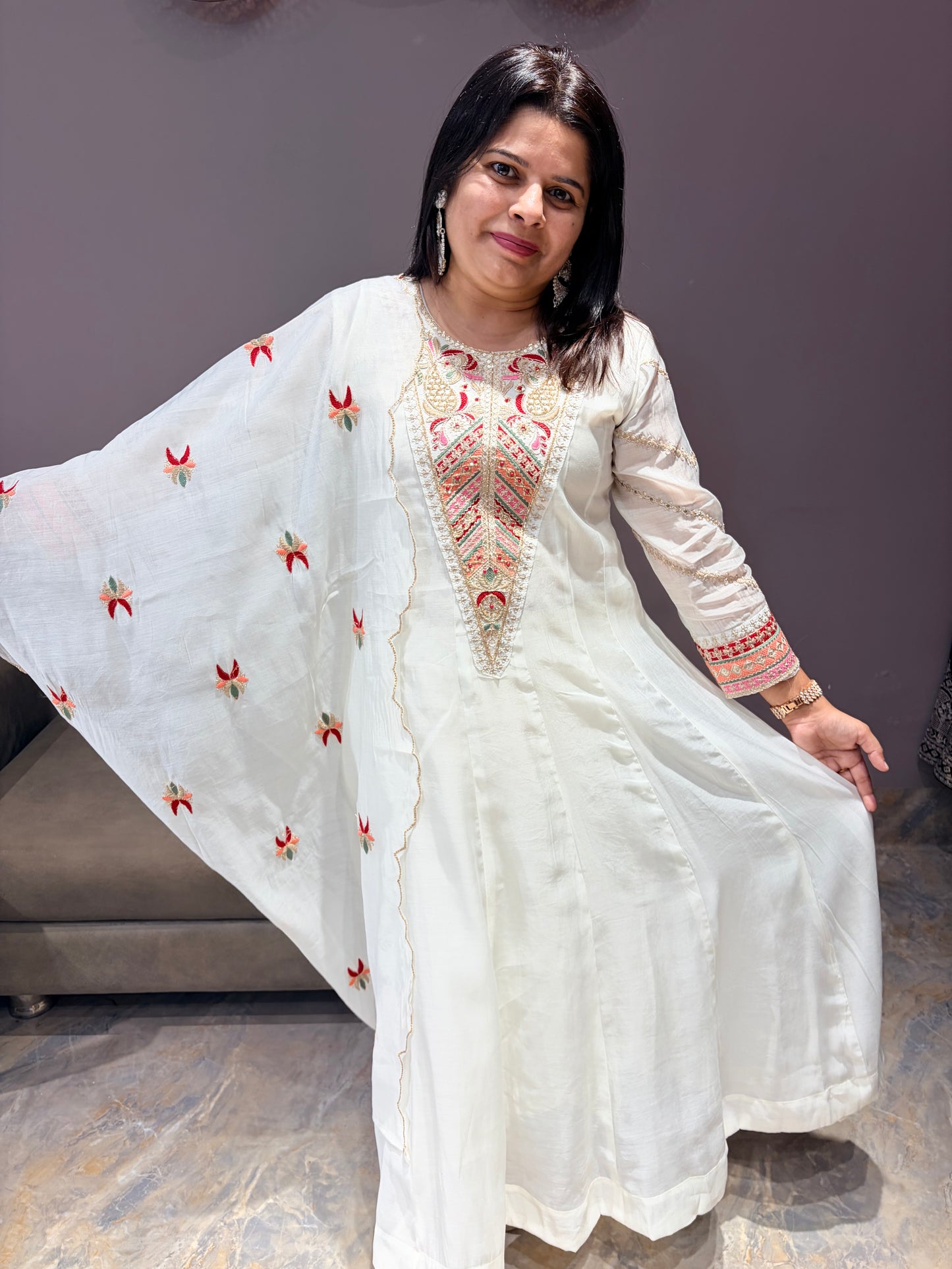 Off White Pure Mul Cotton Premium Anarkali Suit