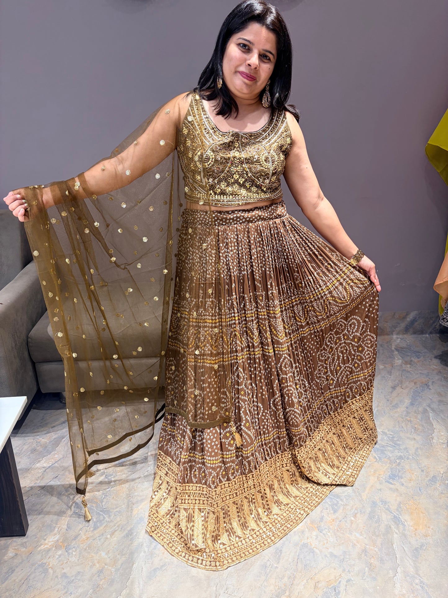 Coffee Bandhni With Sequence Work Heavy Designer Choli With Mirror Work