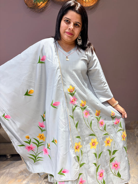 Ash Grey Color Designer Brush Paint Anarkali Suit