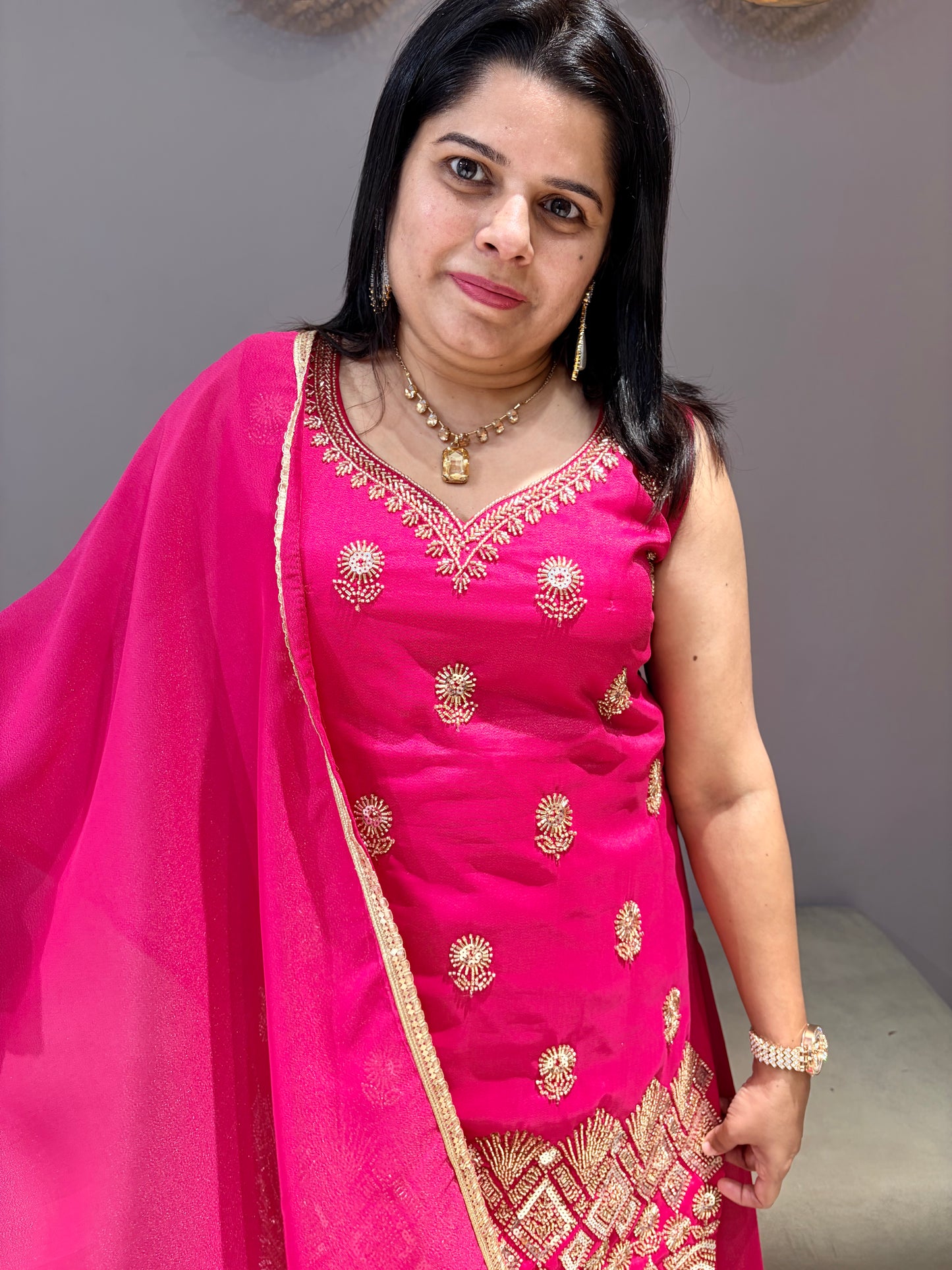 Rani Pink Beads Work Party Wear Plazo set