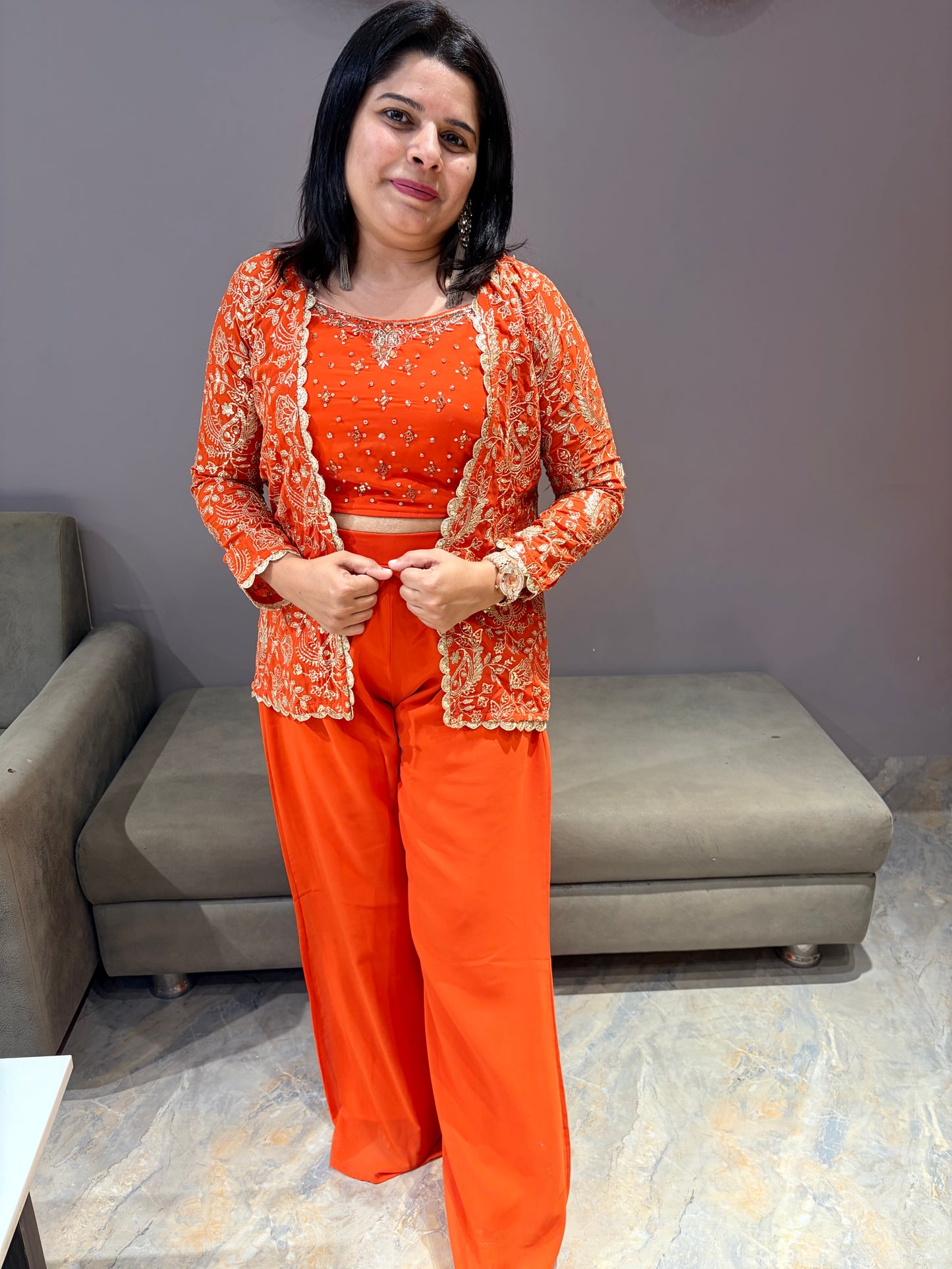 Rust Orange Designer Indo Western Choli plazo