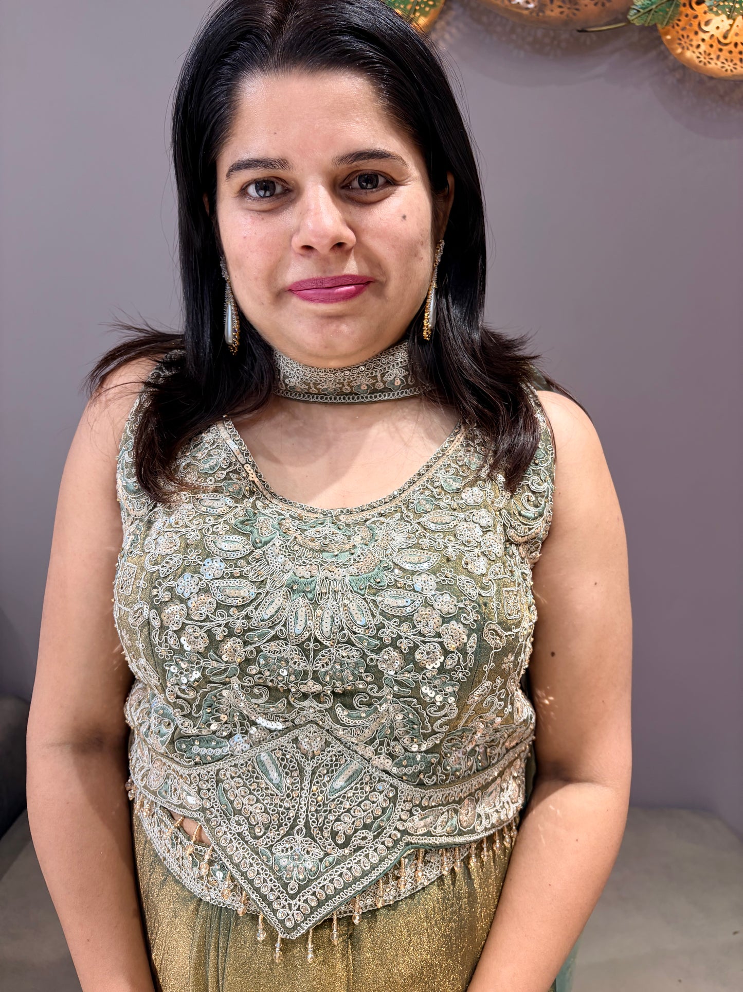 Green Tissue Silk Indowestern