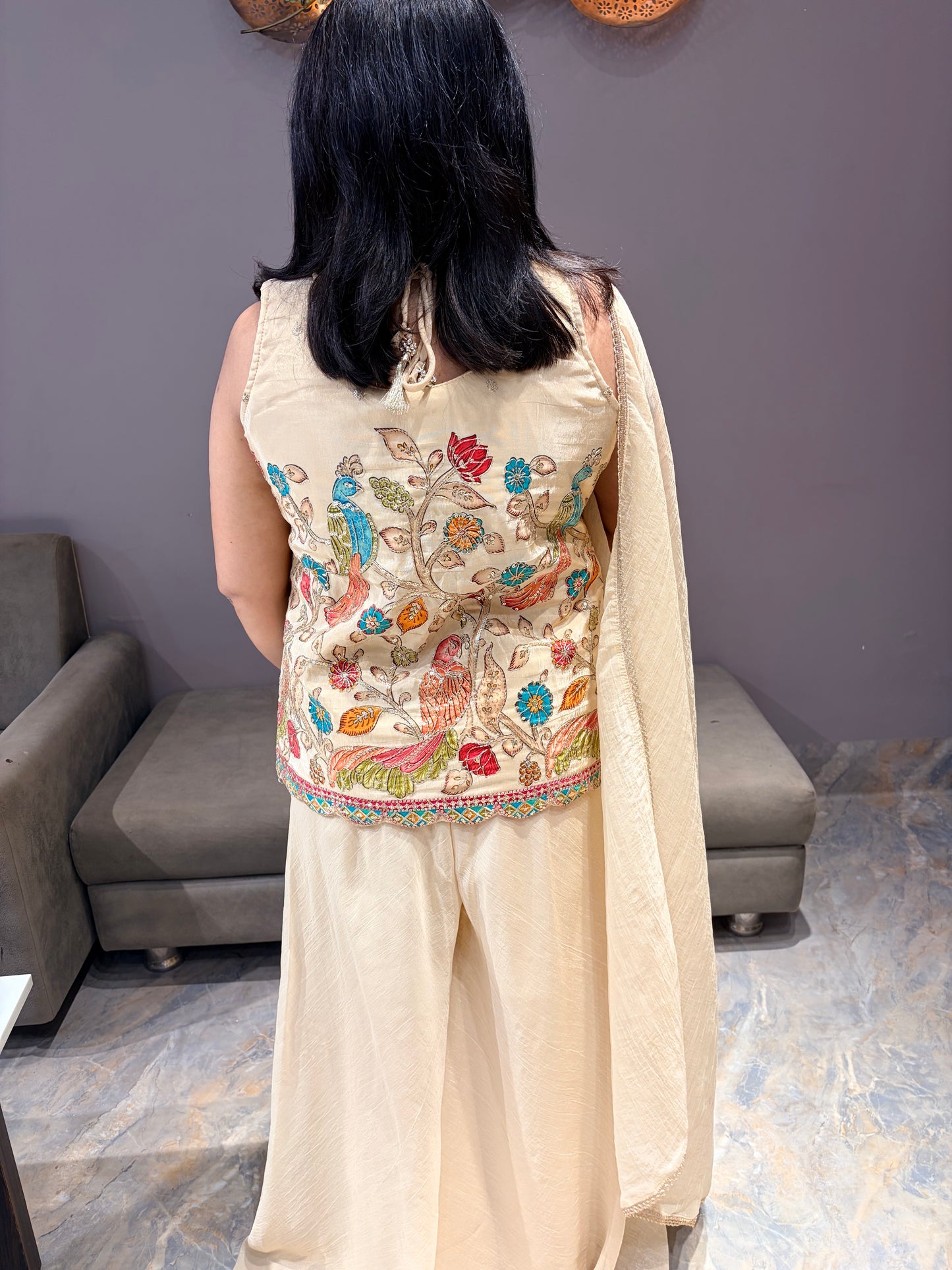 Designer Glass Tissue Bieze color Peacock Design Indo Western