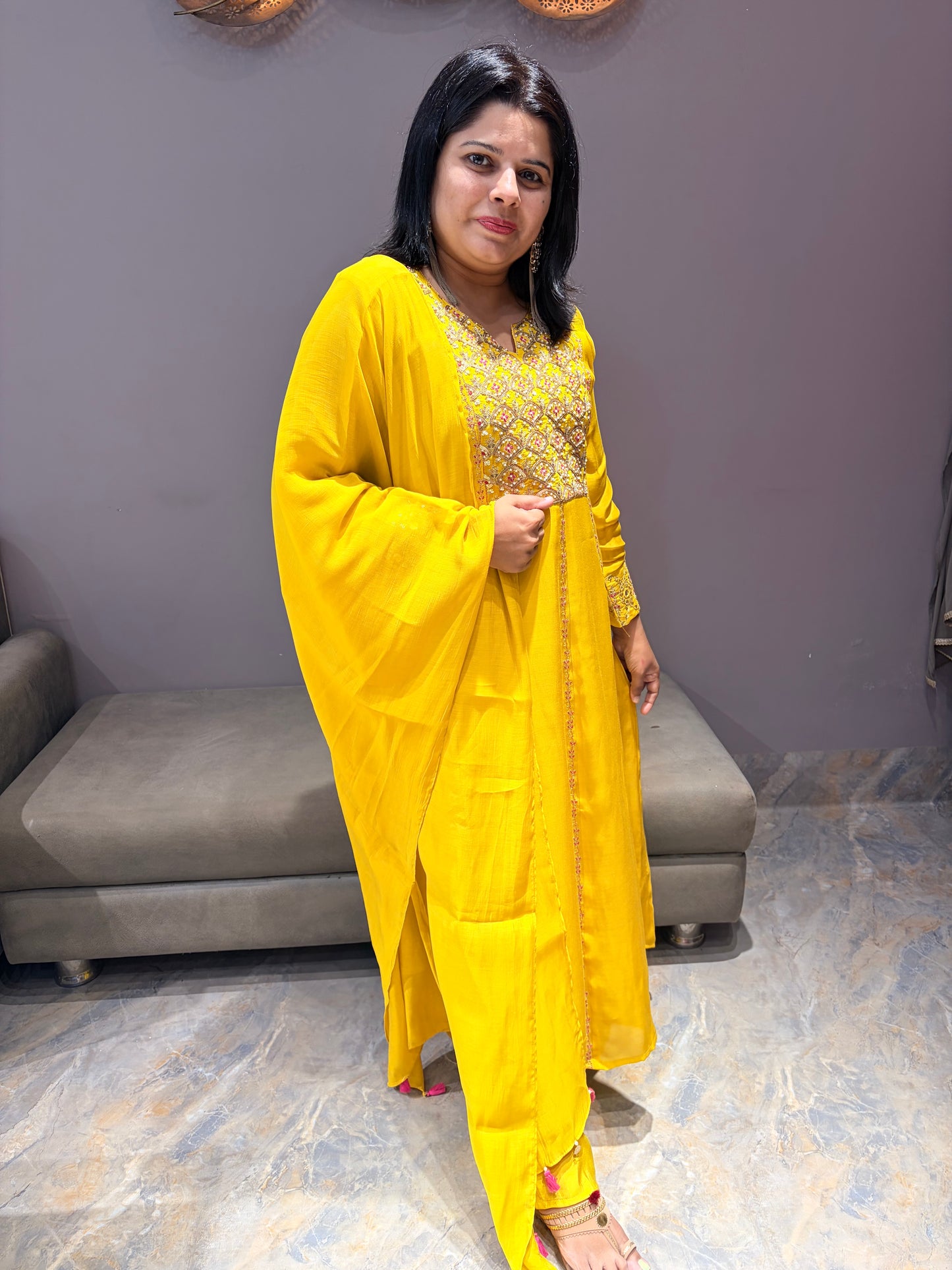 Liril Yellow Pure Mul Chanderi Anarkali Designer Suit