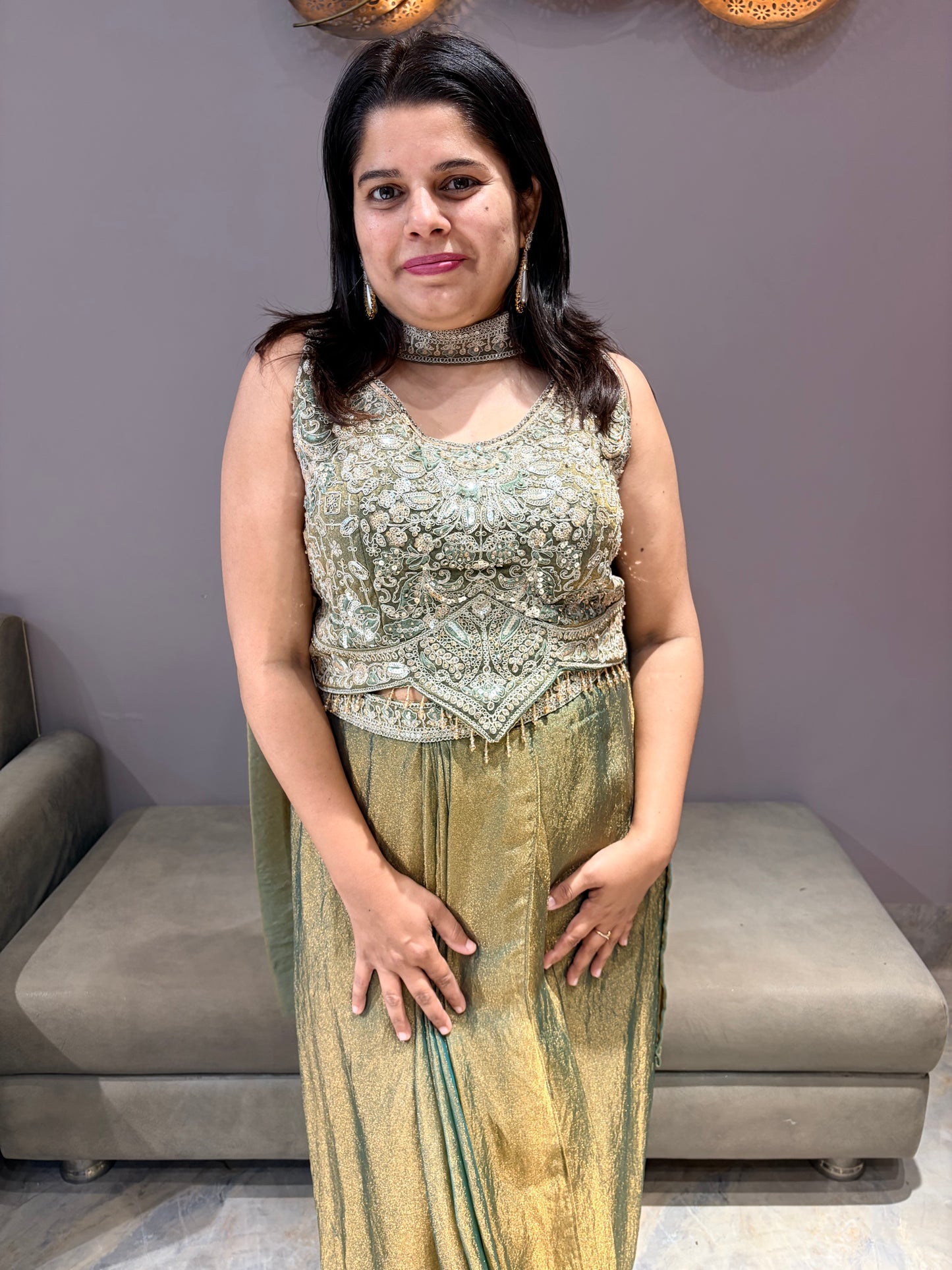 Green Tissue Silk Indowestern