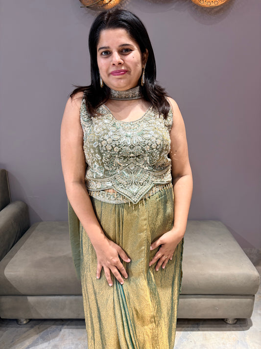 Green Tissue Silk Indowestern