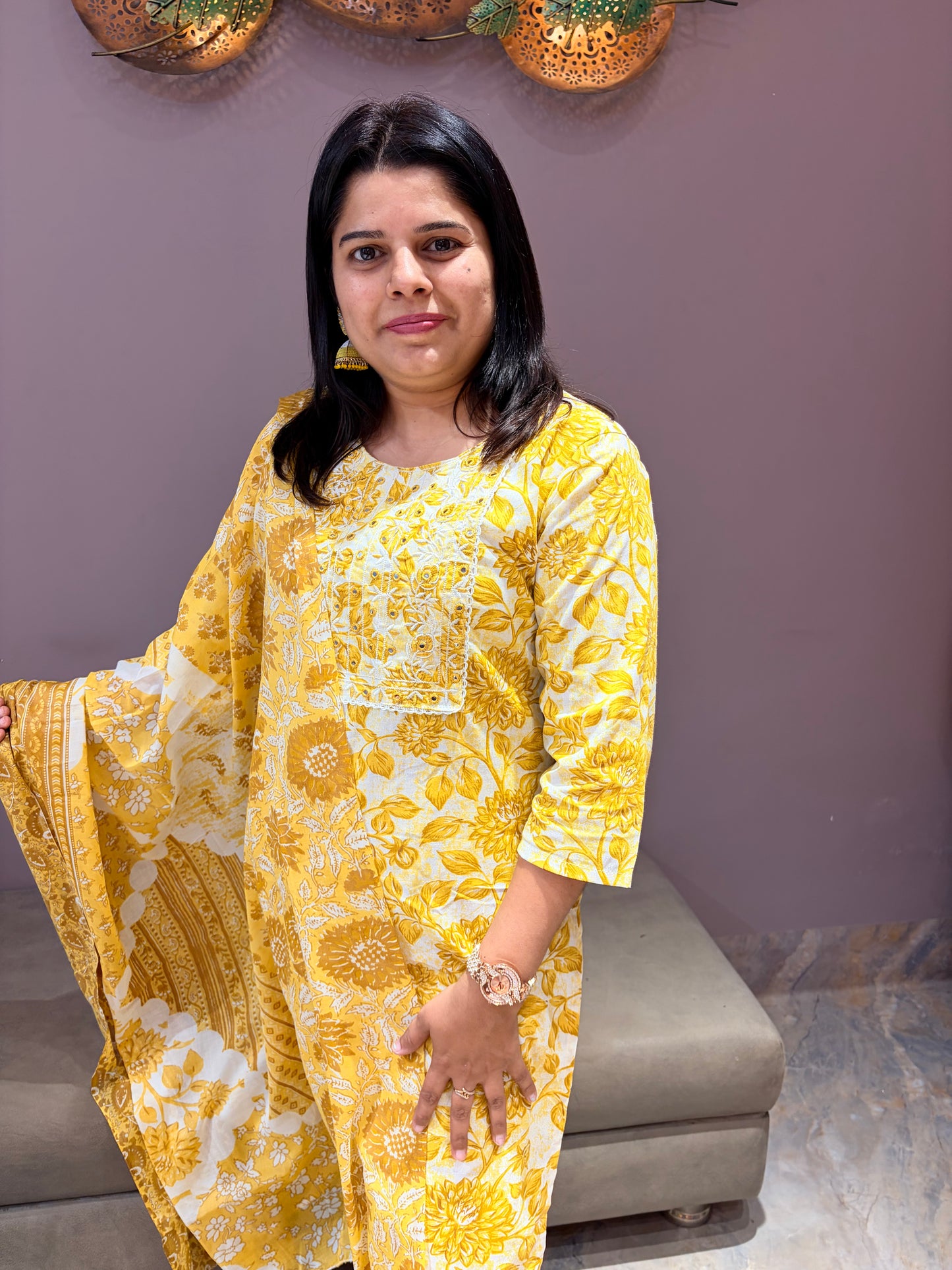 Yellow Cotton Print 3-Piece Suit