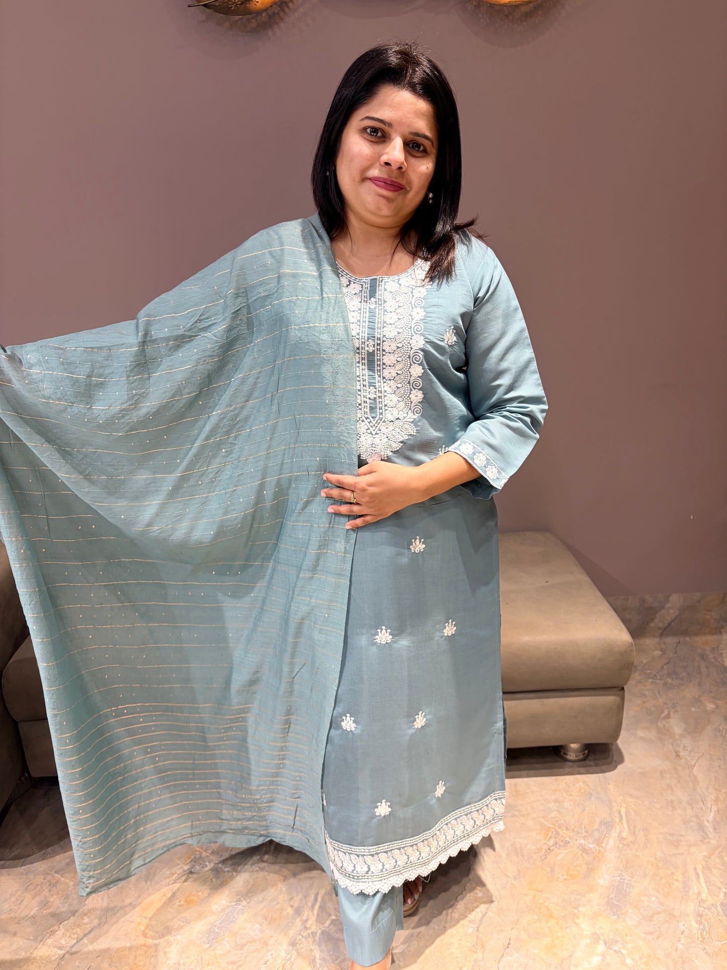 Pastel Sky Blue Cotton Silk 3-Piece Suit