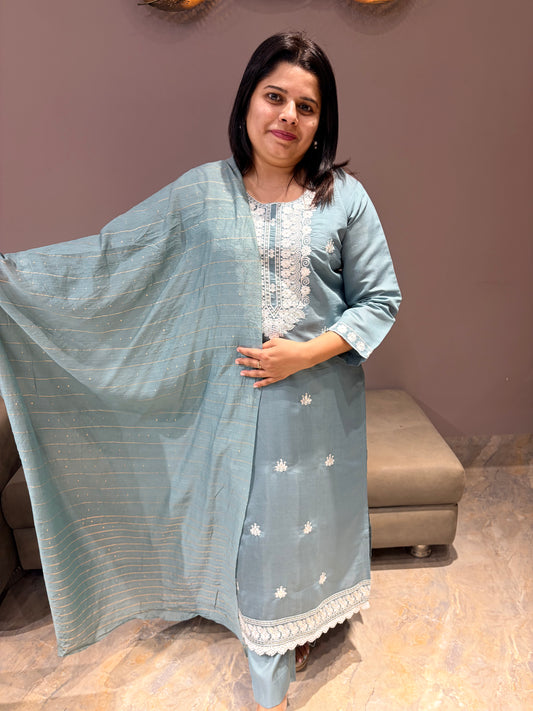 Pastel Sky Blue Cotton Silk 3-Piece Suit
