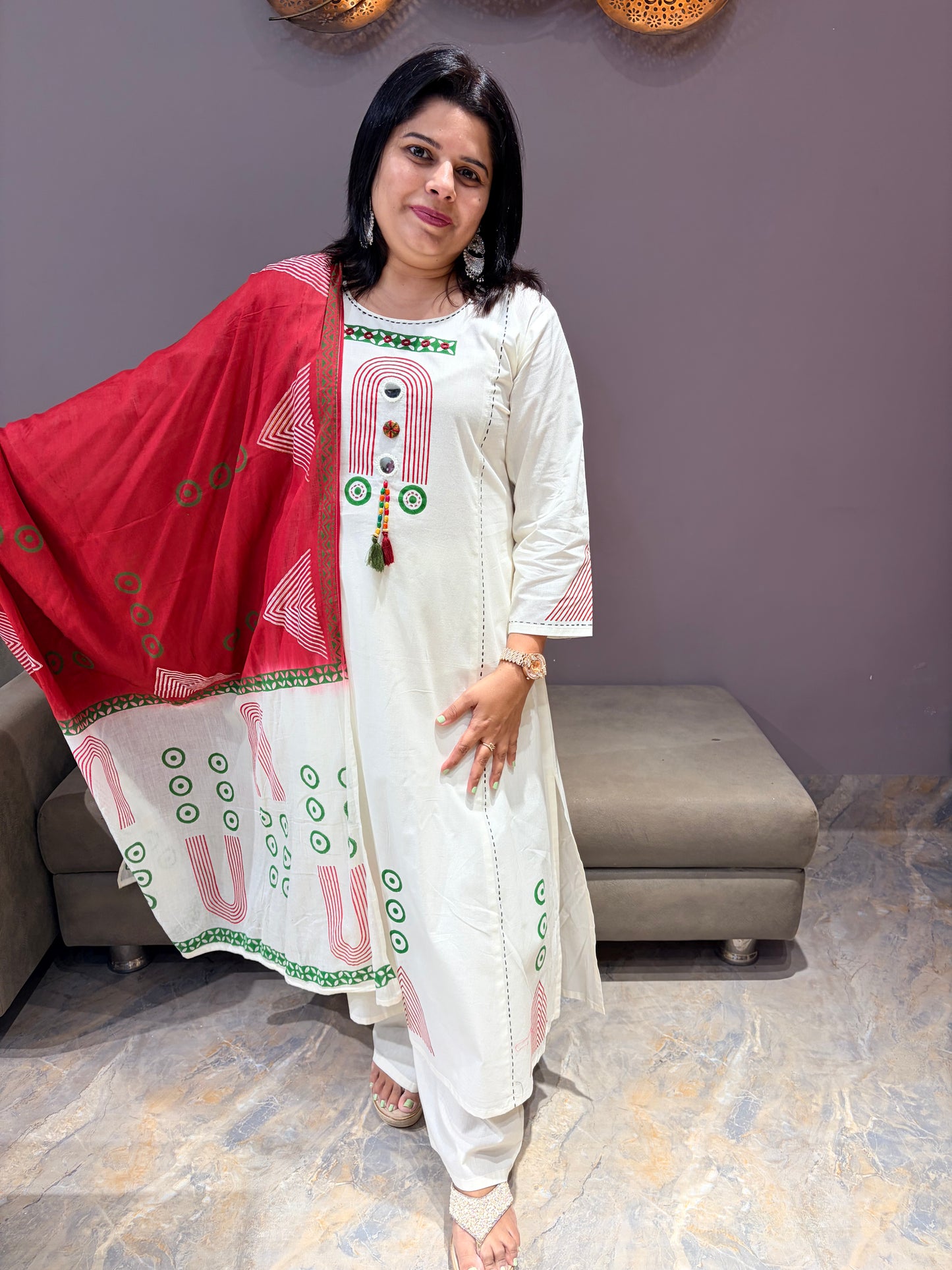 Pure Jaipuri Cotton Premium Aline Cotton White and Red Suit