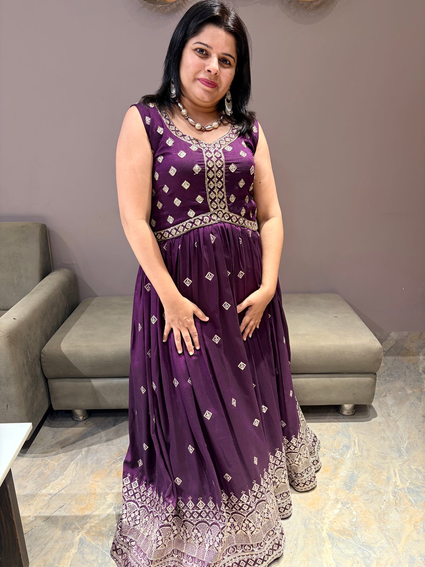 Wine Color Sequence Work One piece Gown