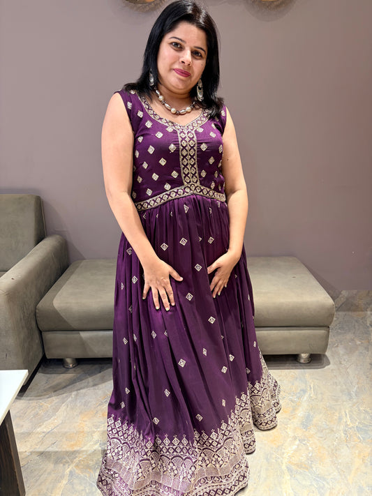 Wine Color Sequence Work One piece Gown