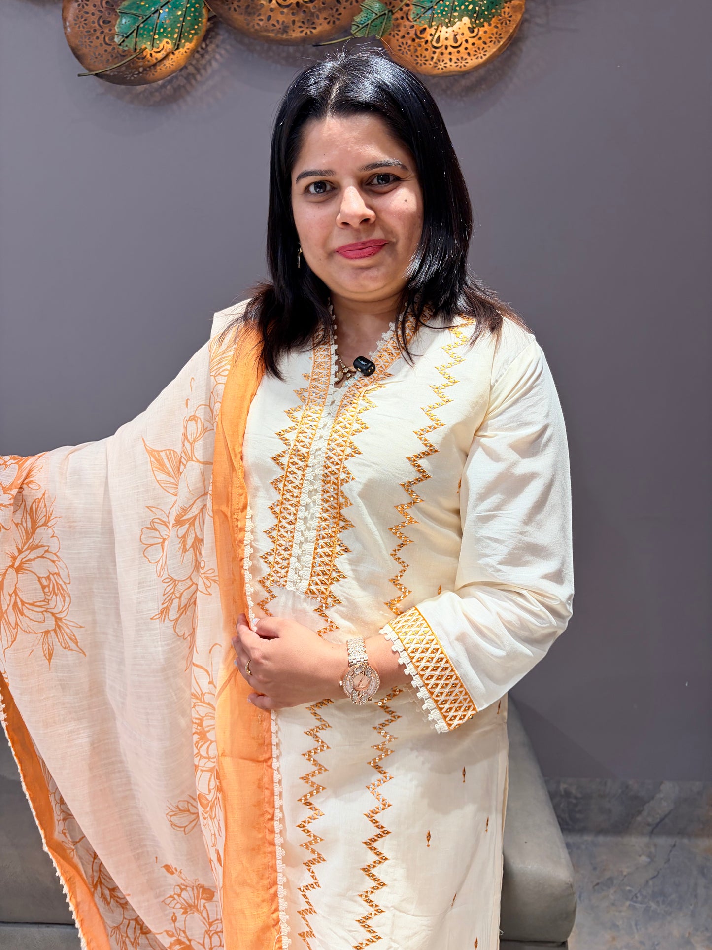 Pure Khadi Cotton 3-Piece Designer Suit with Mul Dupatta & V-Neck