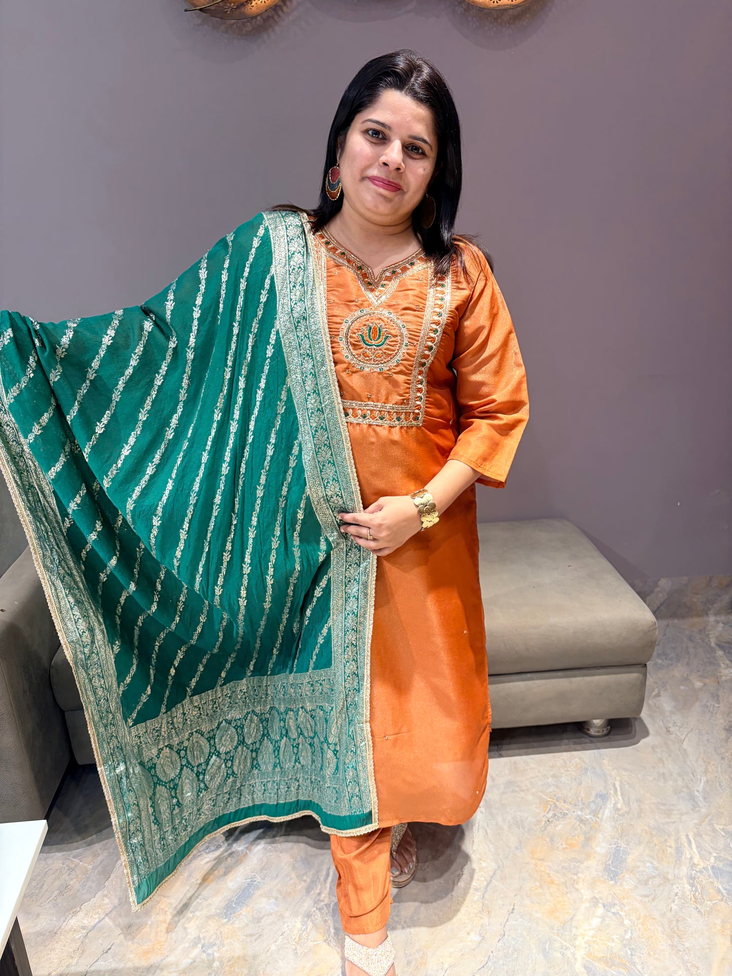 Rust Orange Tissue Suit with contrast dupata